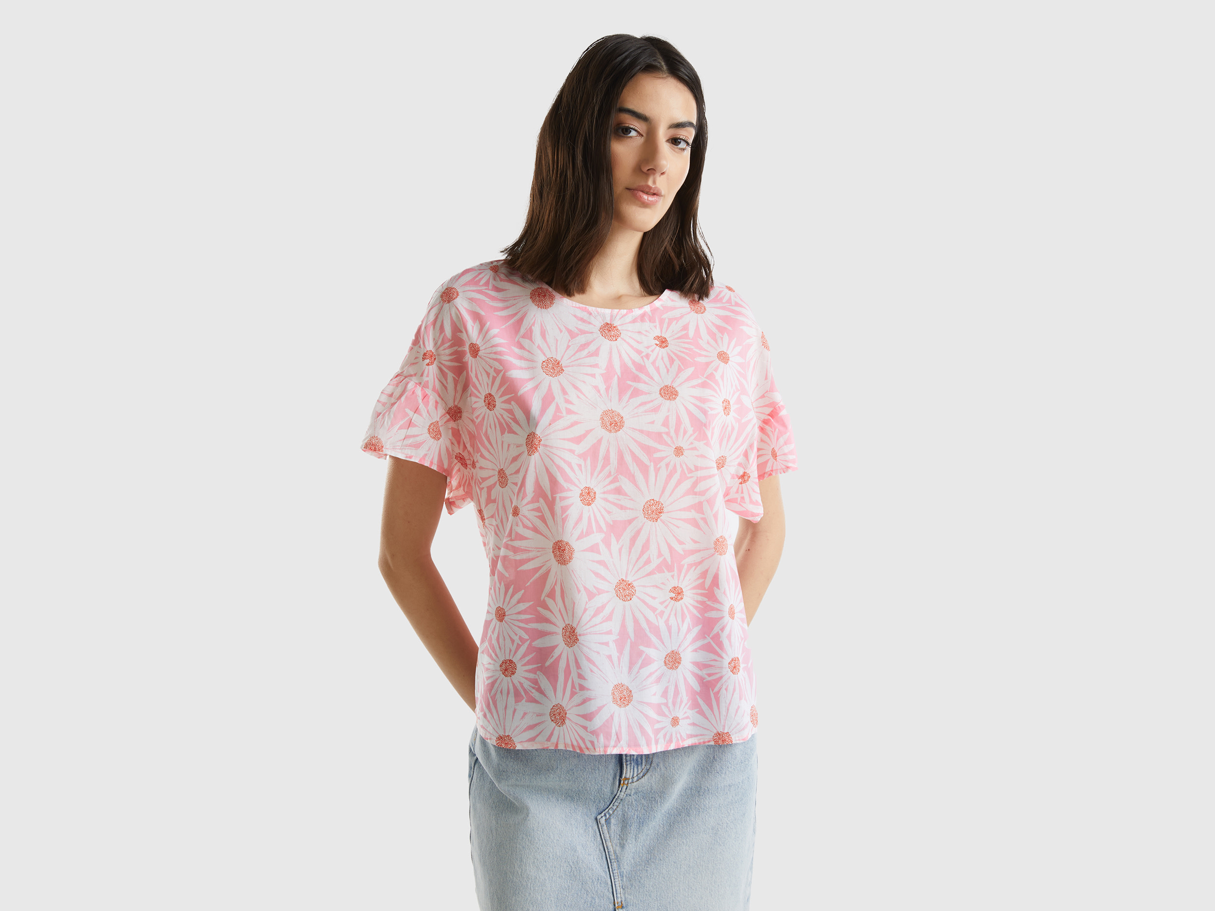 Benetton, Blusa Fantasia In Cotone Leggero, Rosa, Donna