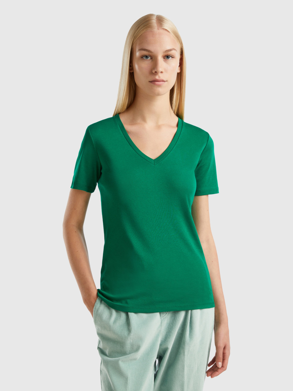 Benetton, T-shirt En Pur Coton Col V, Vert, Femme