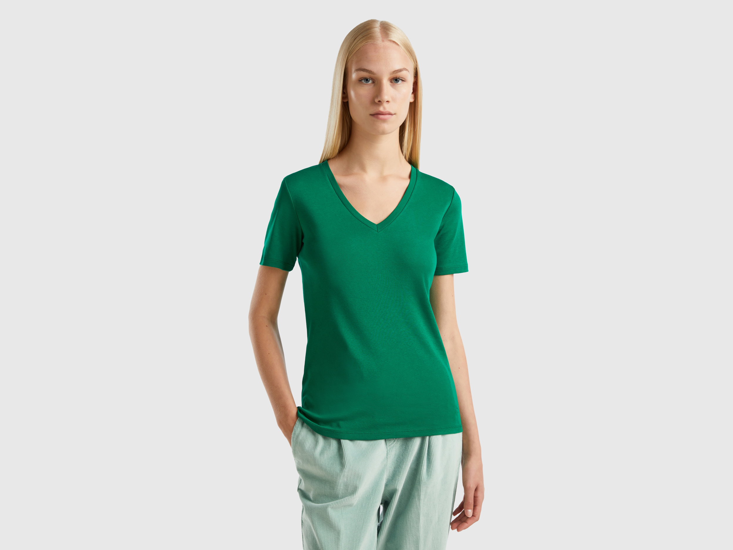 Benetton, Pure Cotton T-shirt With V-neck, size S, Green, Women