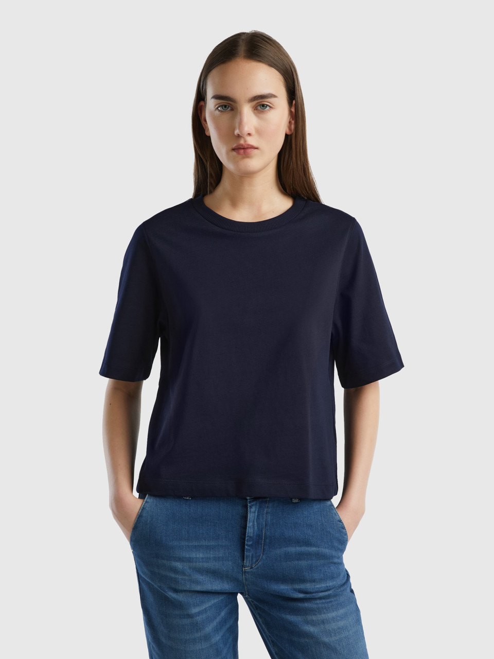 Benetton, T-shirt Coupe Boxy 100 % Coton, Bleu Foncé, Femme