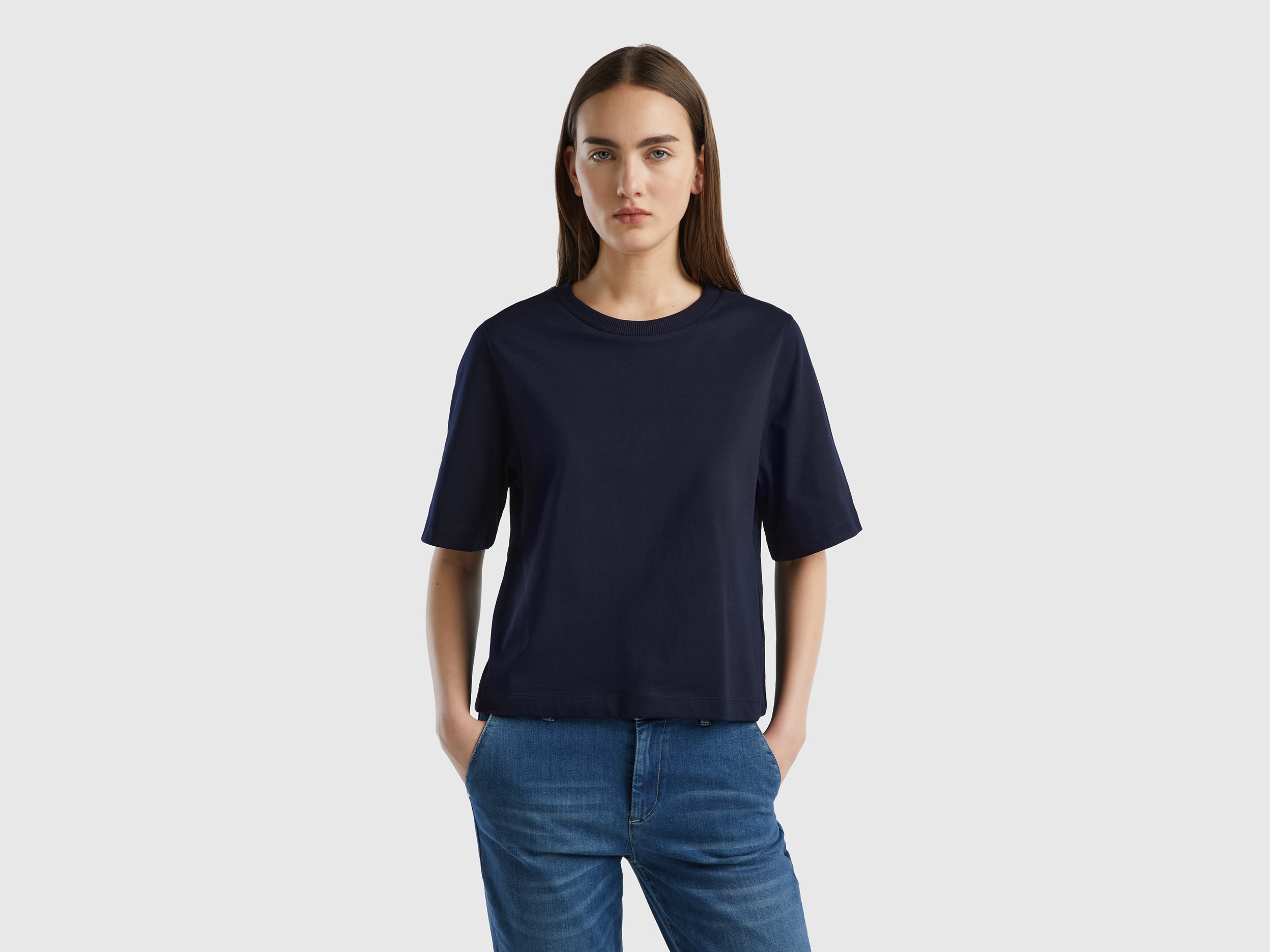 Benetton, 100% Cotton Boxy Fit T-shirt, size M, Dark Blue, Women
