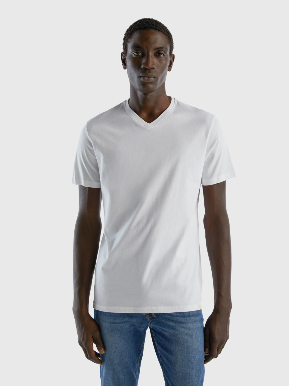Benetton, T-shirt En Coton À Fibre Longue, Blanc, Homme