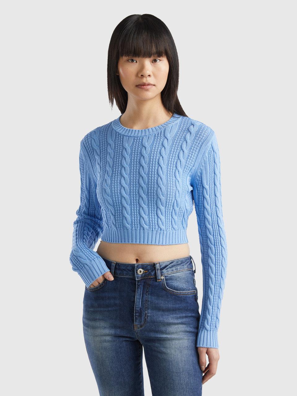 Benetton, Cropped Cable Knit Sweater, Light Blue, Women
