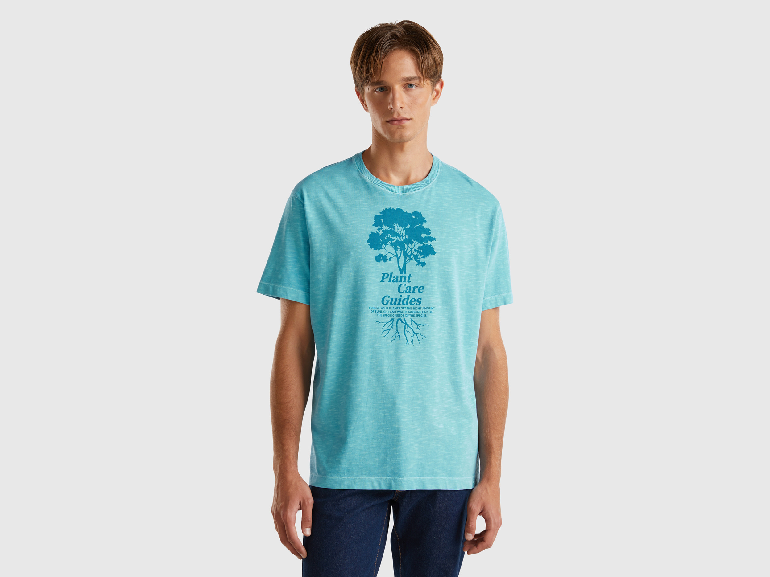 Benetton, T-shirt Con Stampa 100% Cotone, Azzurro, Uomo