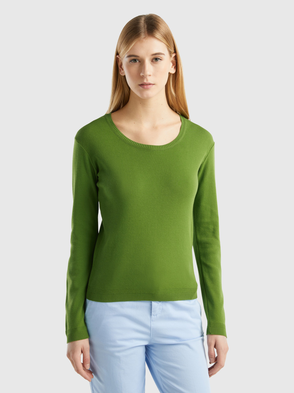 Benetton, Crew Neck Sweater In Pure Cotton, Military Green, Women