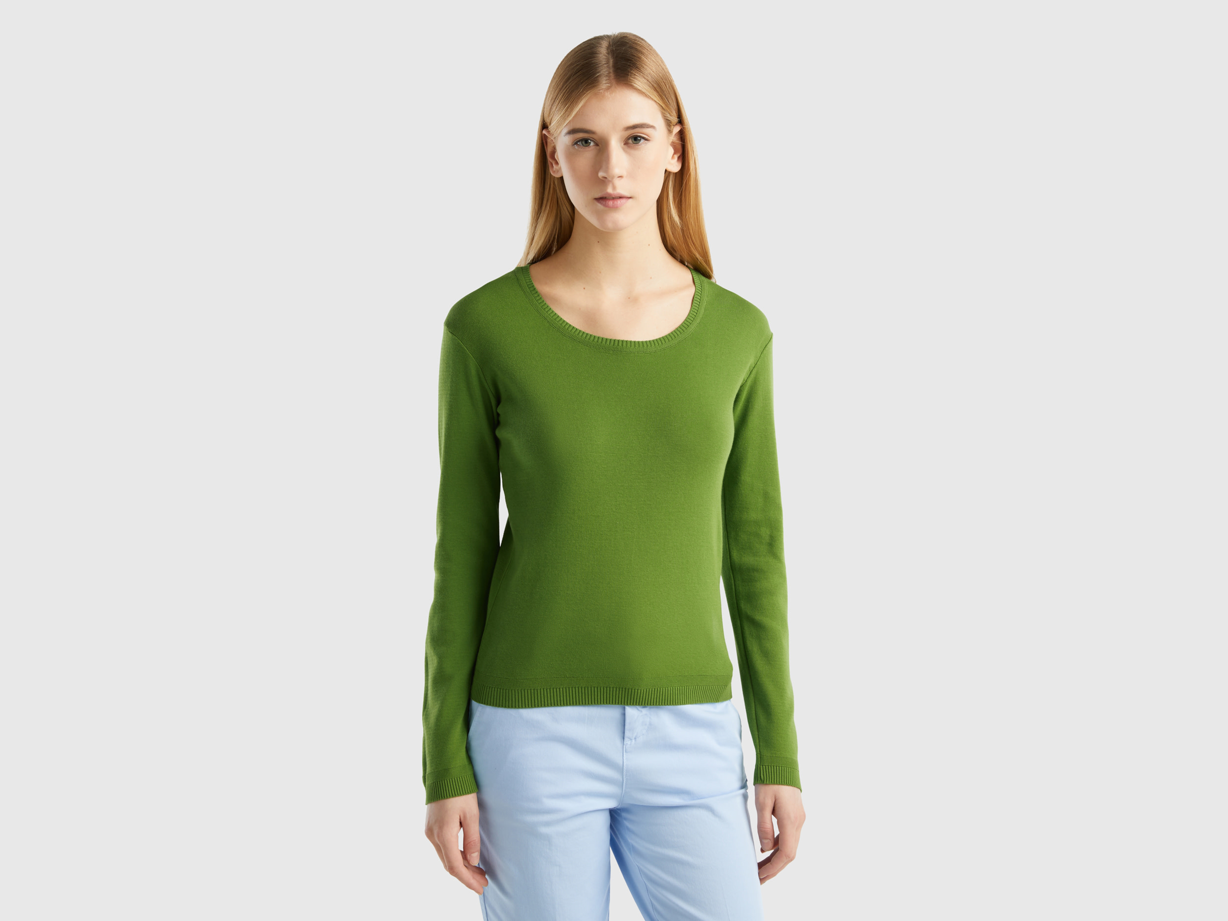Benetton, Maglia Girocollo In Puro Cotone, Verde Militare, Donna