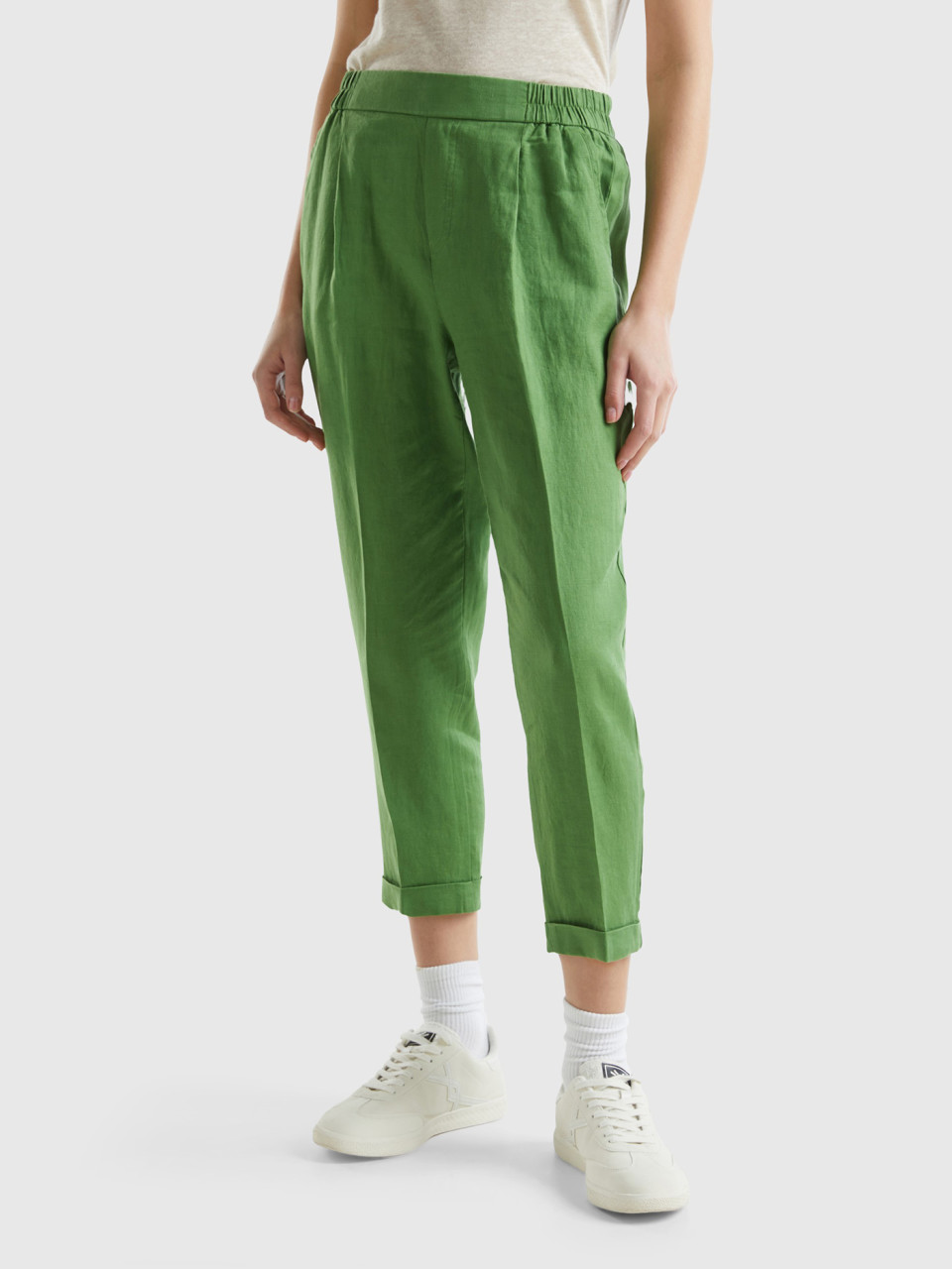 Benetton, Cropped Trousers In 100% Linen, Military Green, Women