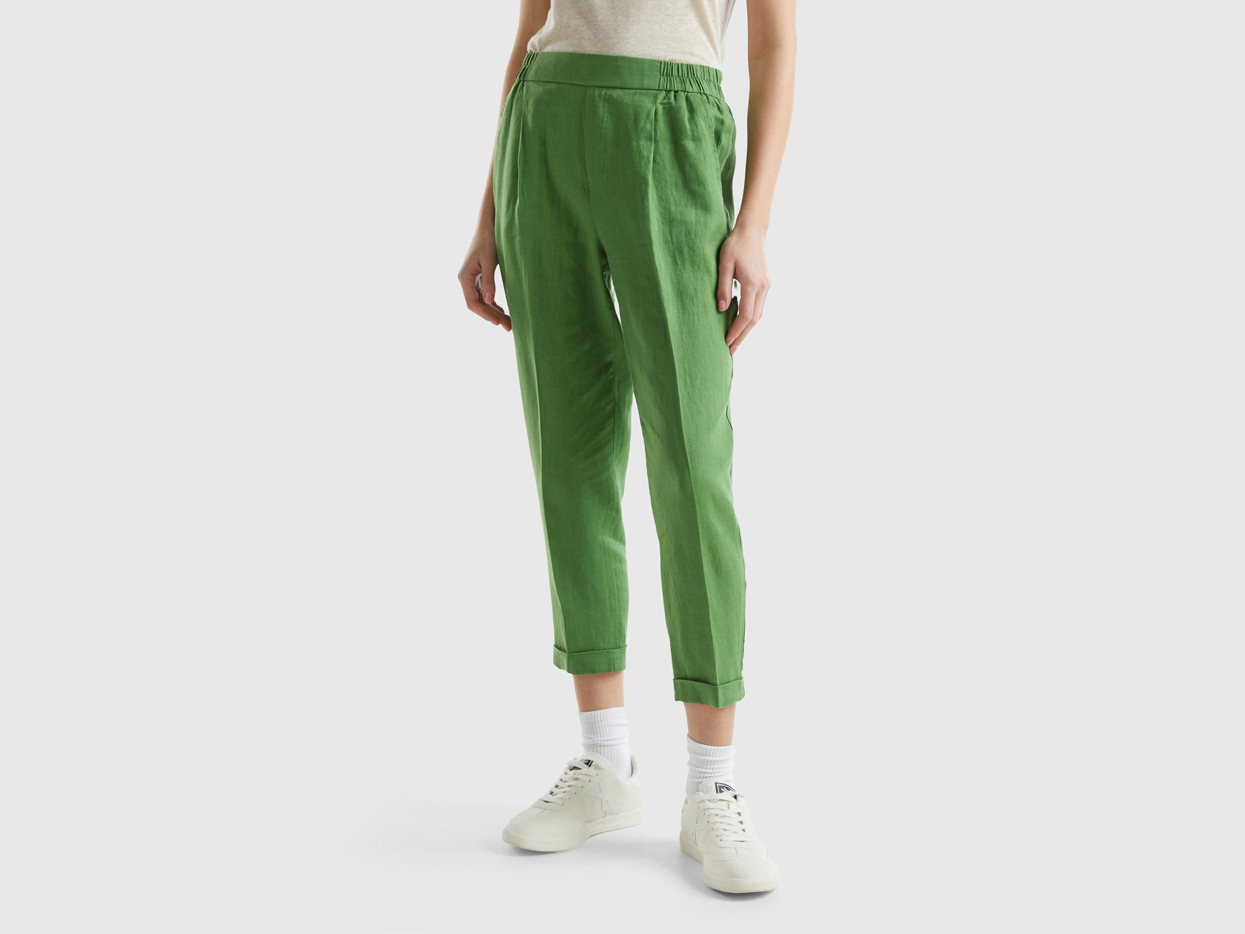 Benetton, Pantaloni Cropped In 100% Lino, Verde Militare, Donna