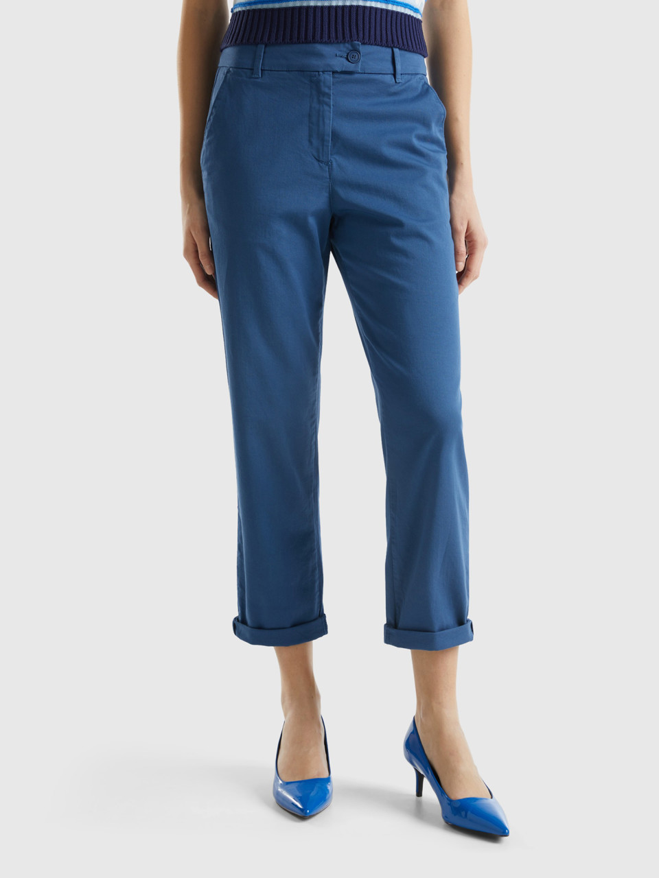 Benetton, Pantalones Chinos De Algodón Elástico, Azul Grisáceo, Mujer