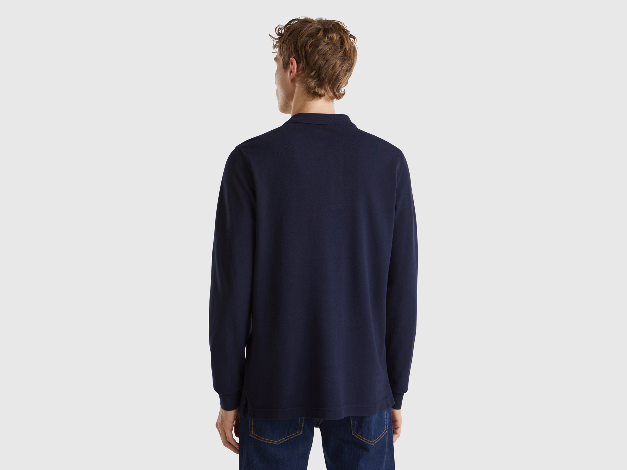 Benetton, Πόλο Μακρυμάνικο Από 100% Βαμβακερό, size M, Σκουρο Μπλε, Ανδρικά φωτογραφία