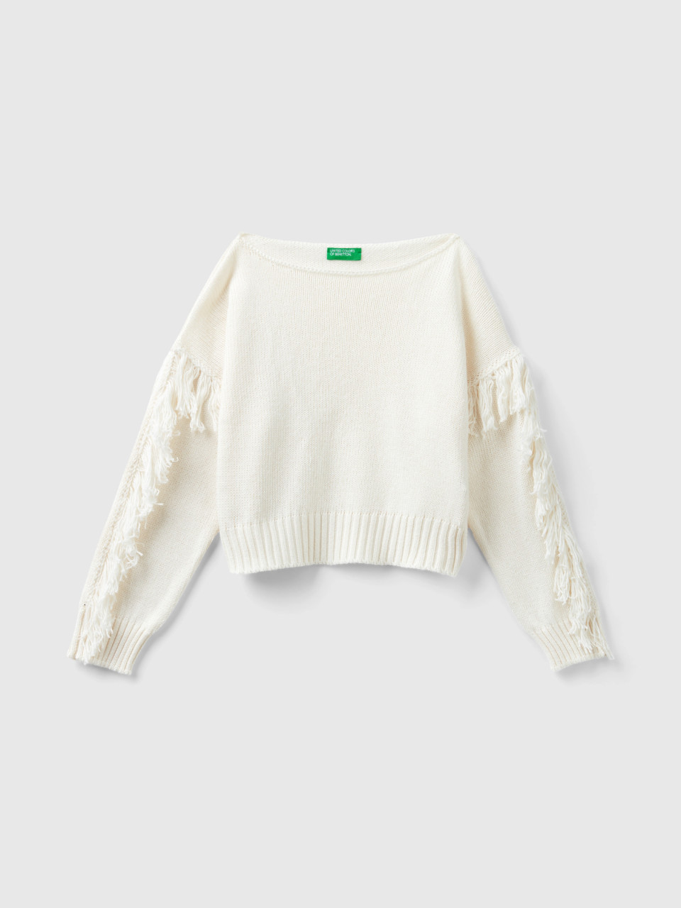 Benetton, Sweater With Fringe, Creamy White, Kids