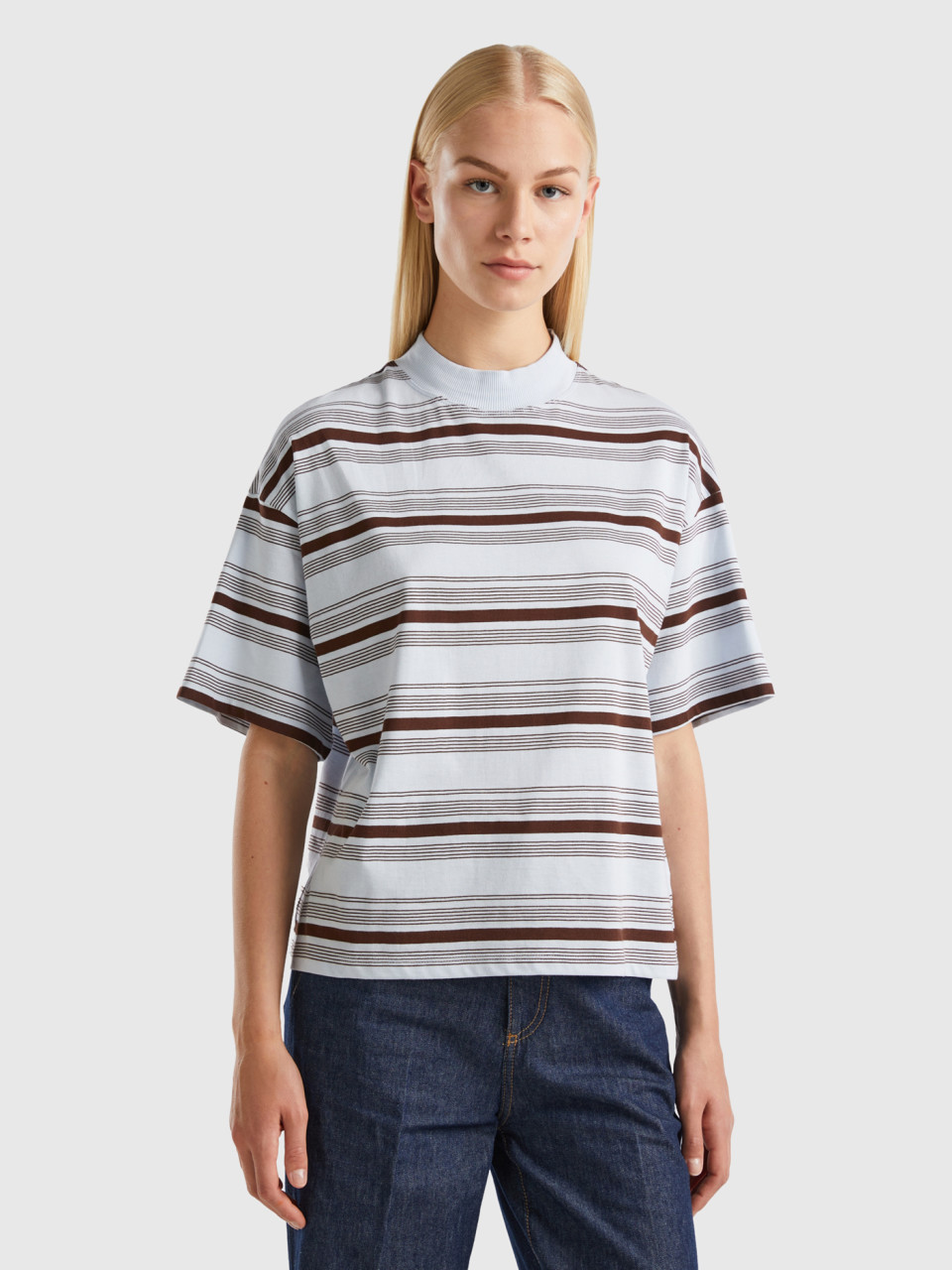 Benetton, Striped Turtleneck T-shirt, White, Women