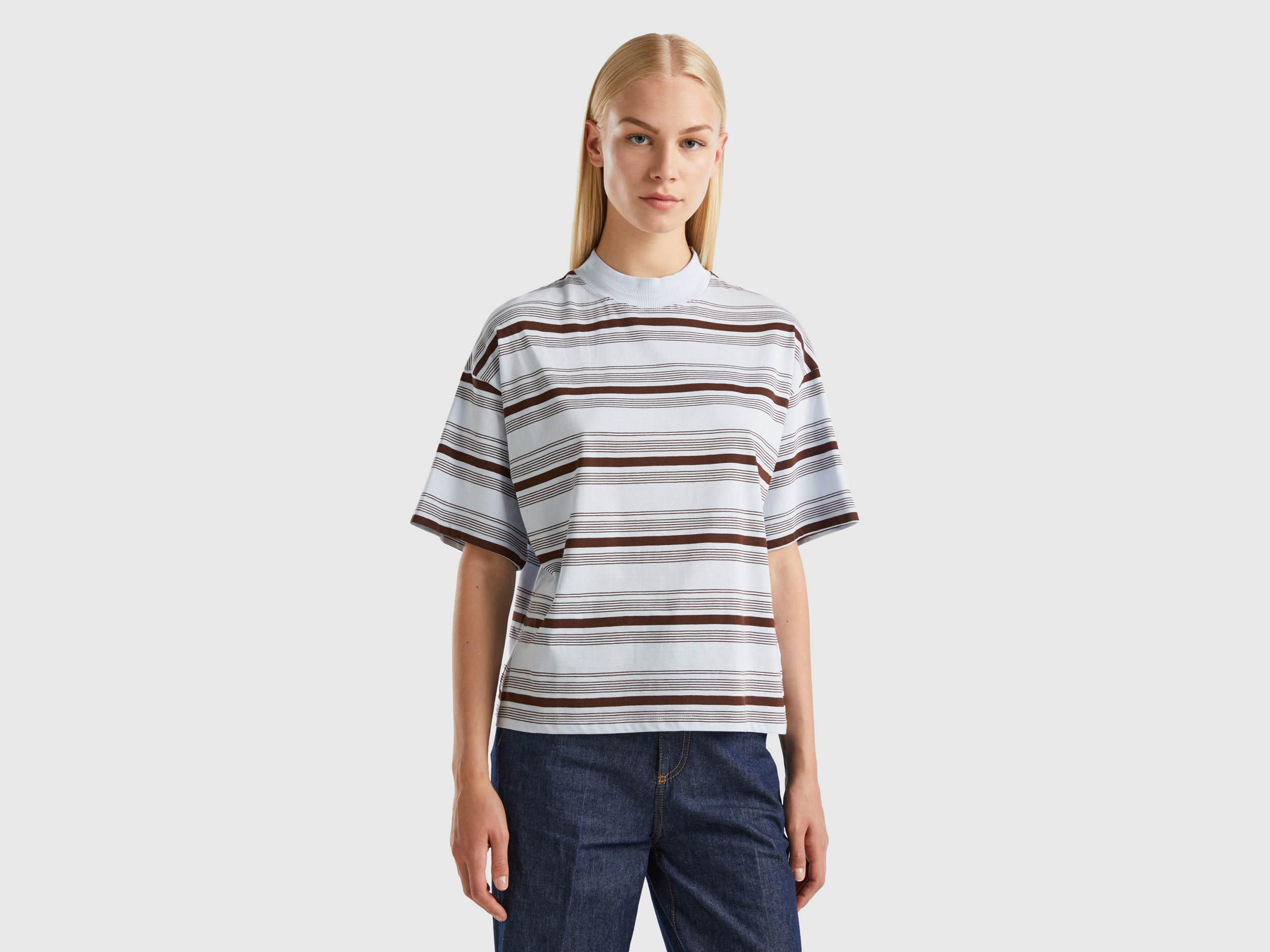 Benetton, Striped Turtleneck T-shirt, size XL, White, Women