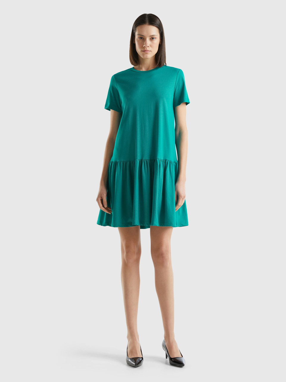 Benetton, Short Dress In Long Fiber Cotton, Teal, Women