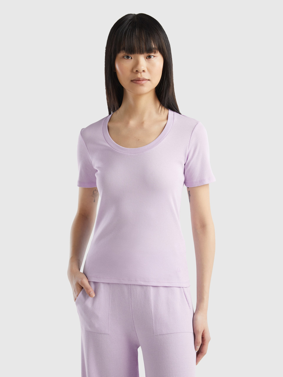 Benetton, Short Sleeve T-shirt In Long Fiber Cotton, Lilac, Women