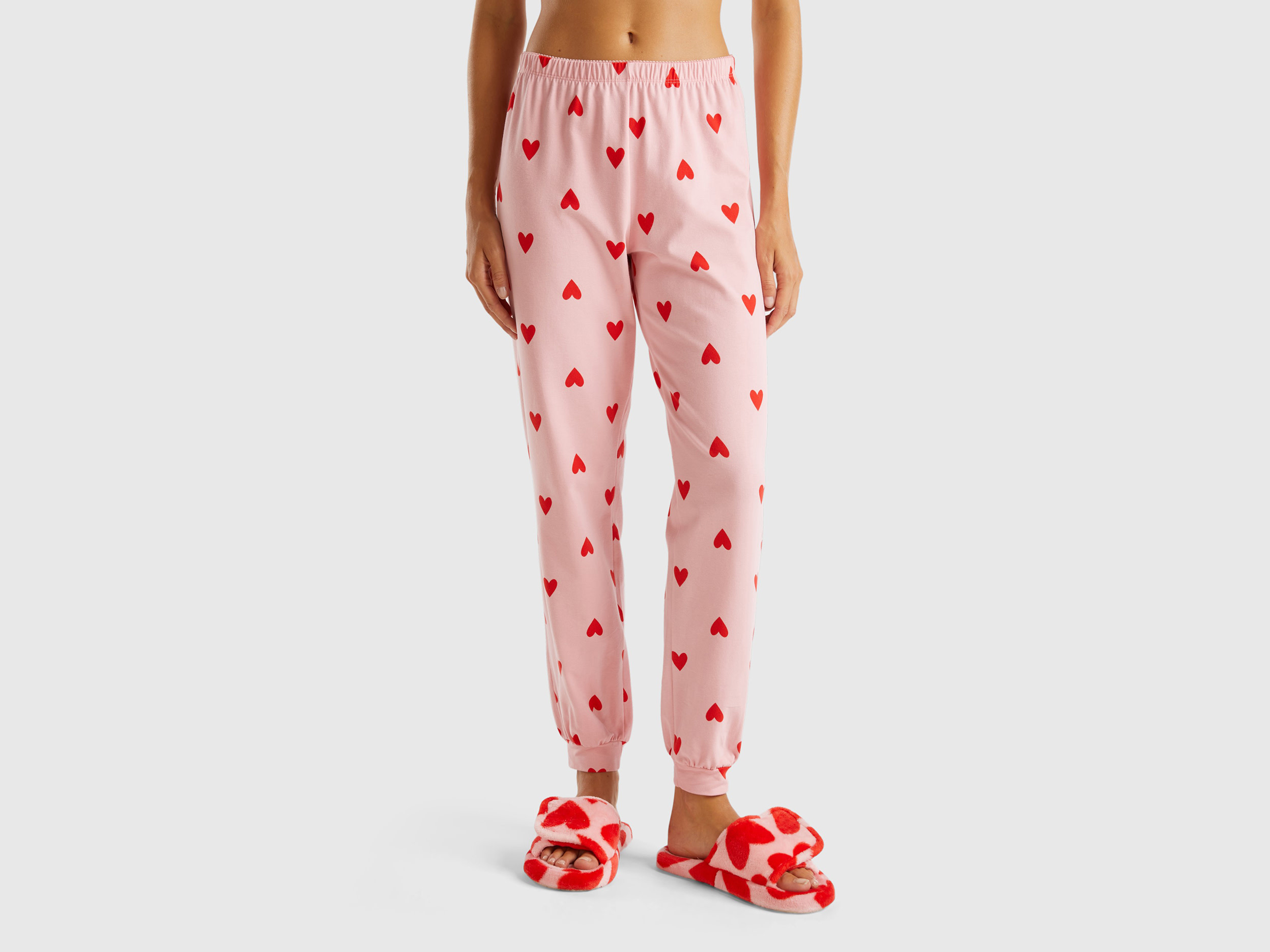 Benetton, Pantaloni In Caldo Cotone Con Cuori, Rosa, Donna