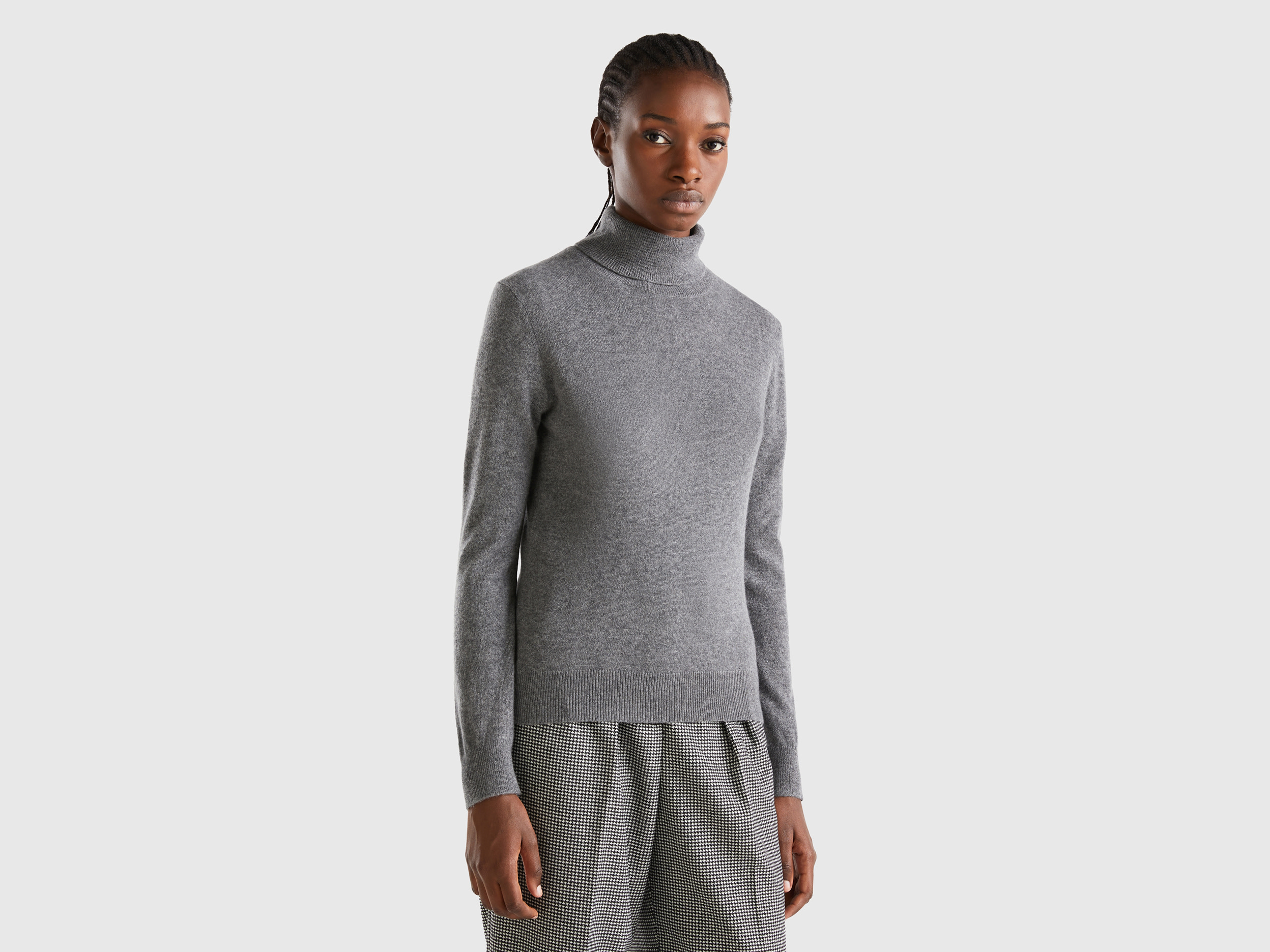 Benetton, Dark Gray Turtleneck In Pure Cashmere, size L, Dark Gray, Women