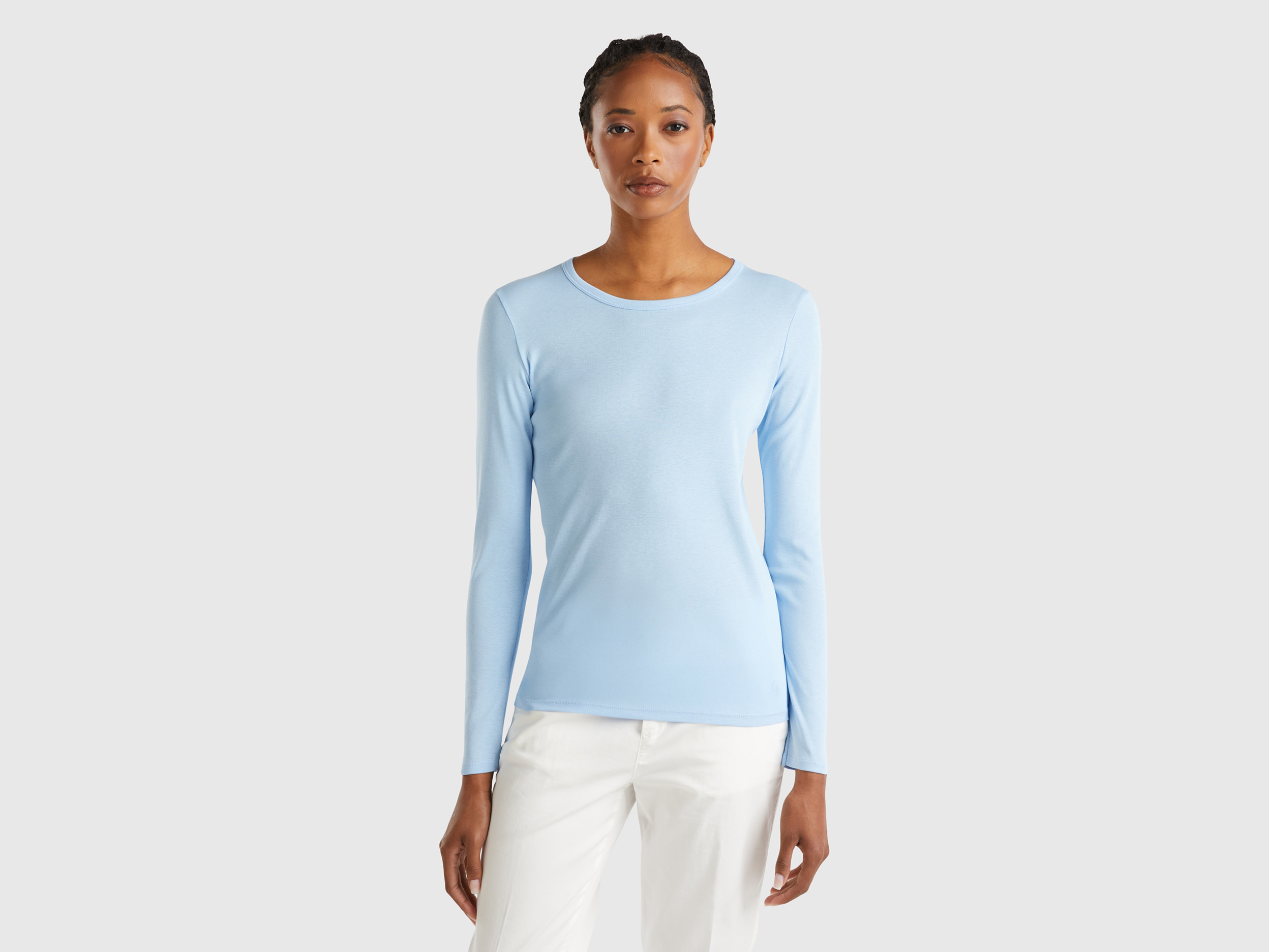 Benetton, T-shirt A Manica Lunga In Puro Cotone, Azzurro, Donna