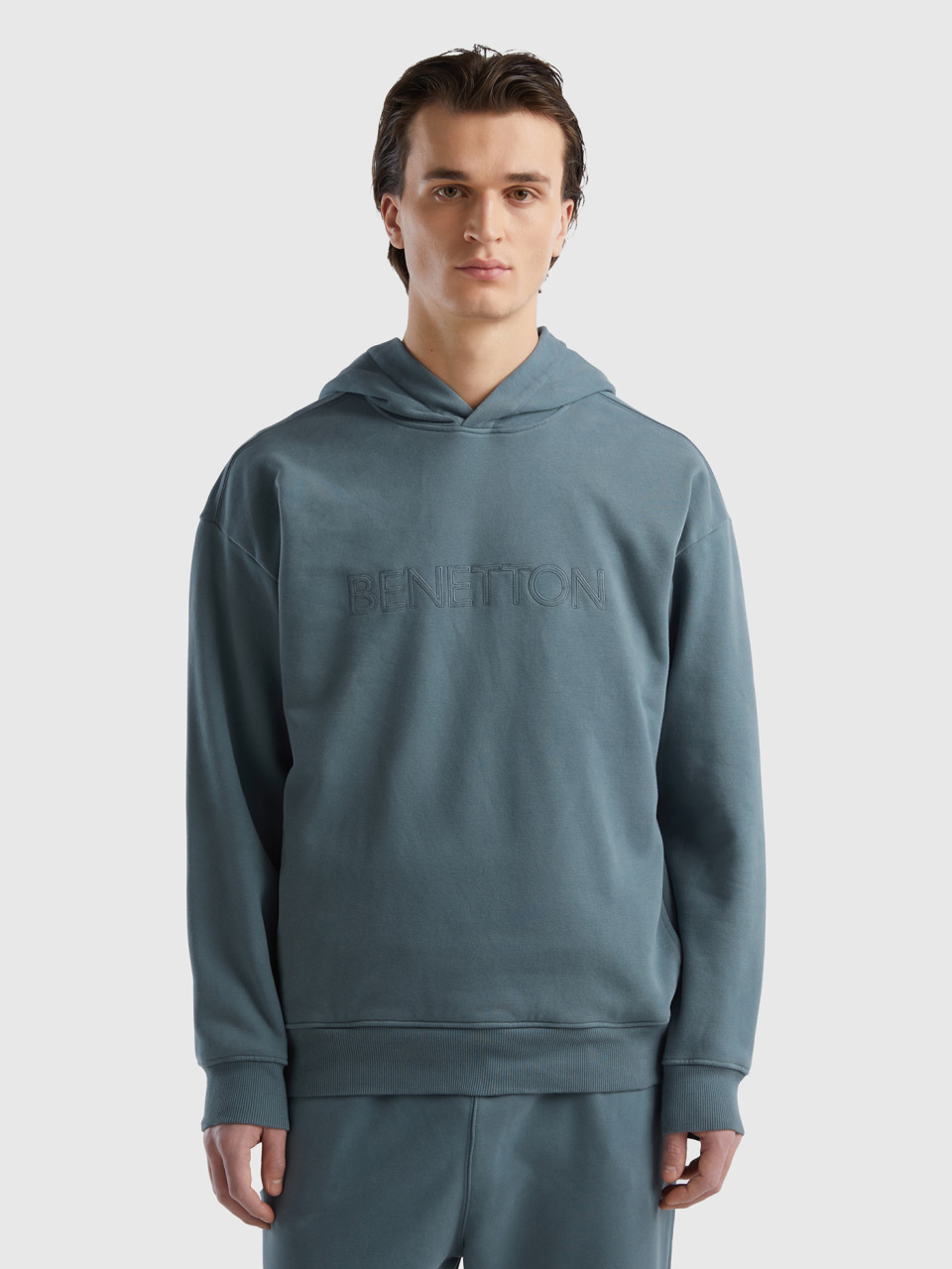 Benetton, Sweatshirt With Embroidery In Organic Cotton Blend, Dark Gray, Men