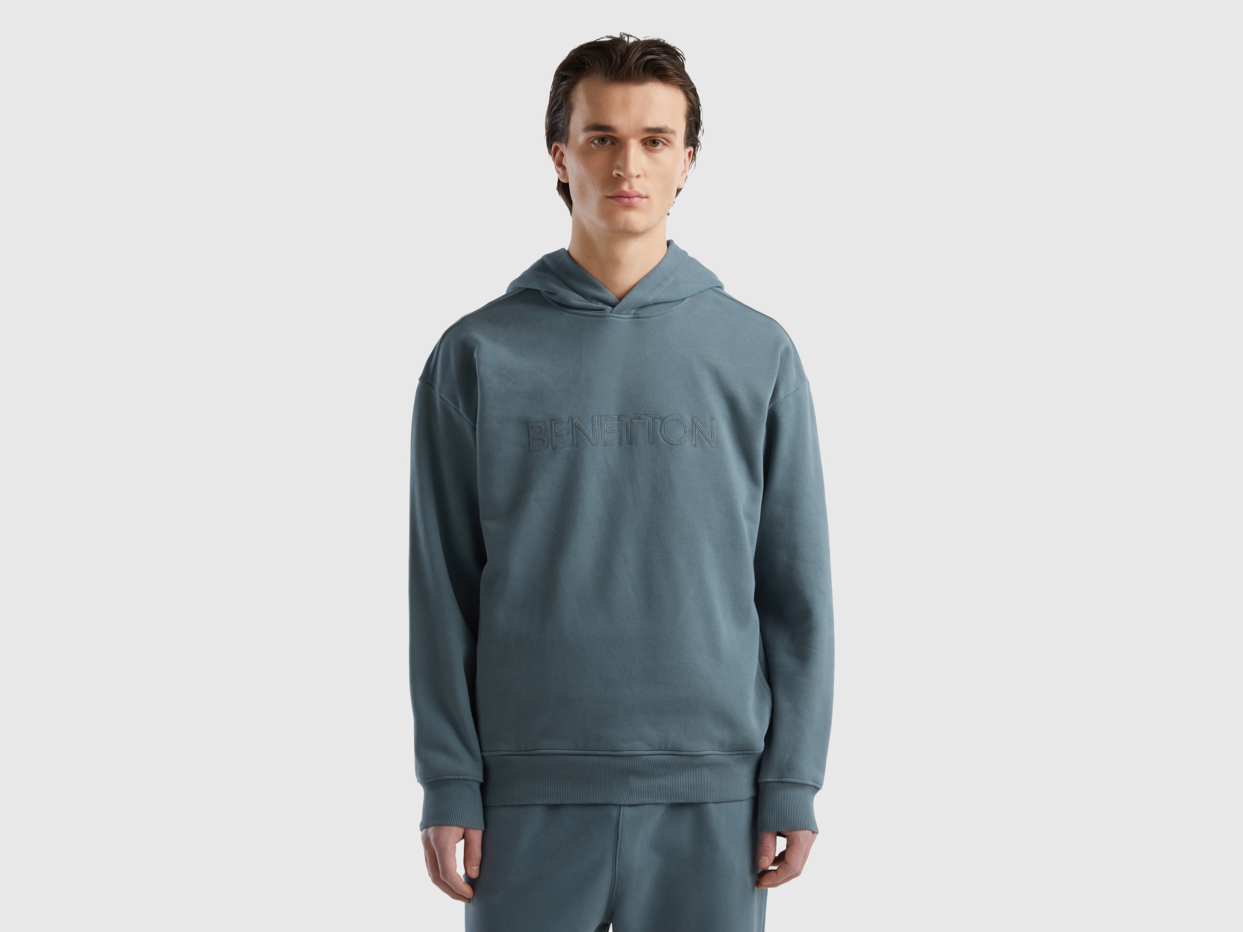 Benetton, Felpa Con Ricamo In Misto Cotone Bio, Grigio Scuro, Uomo