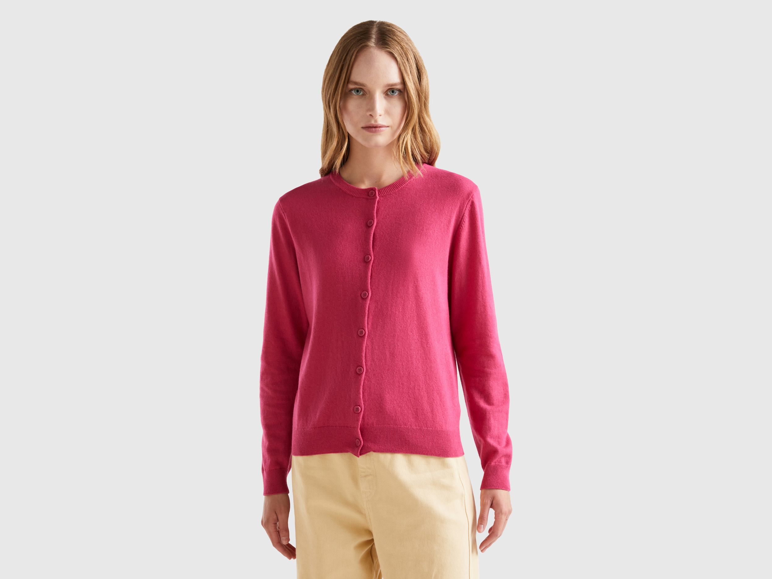 Benetton, Magenta Red Cardigan In Cashmere And Wool Blend, size XL, Cyclamen, Women