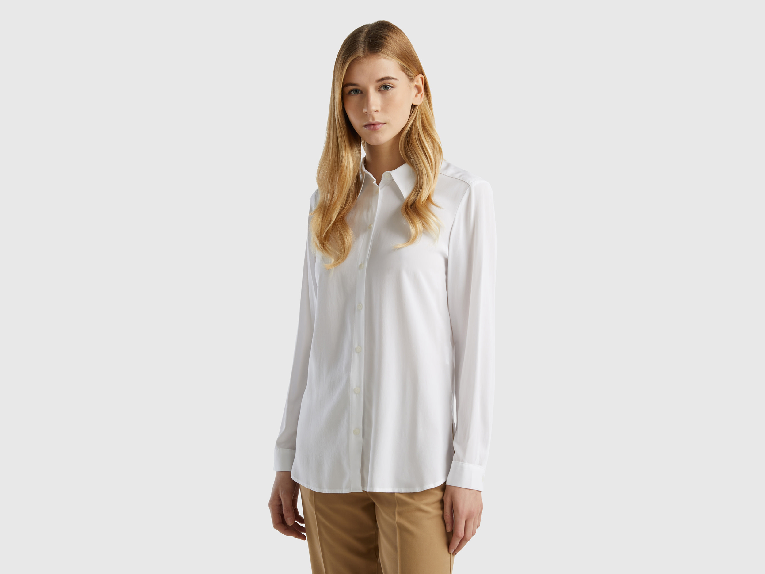 Benetton, Regular Fit Shirt In Sustainable Viscose, size L, White, Women