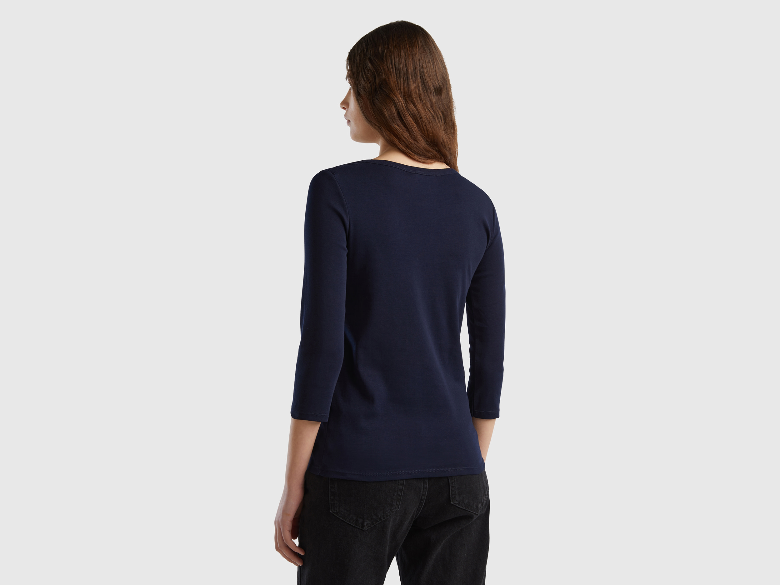 Benetton, T-shirt Με Λαιμόκοψη Χαμόγελο 100% Βαμβακερό, size XL, Σκουρο Μπλε, Γυναικεία φωτογραφία