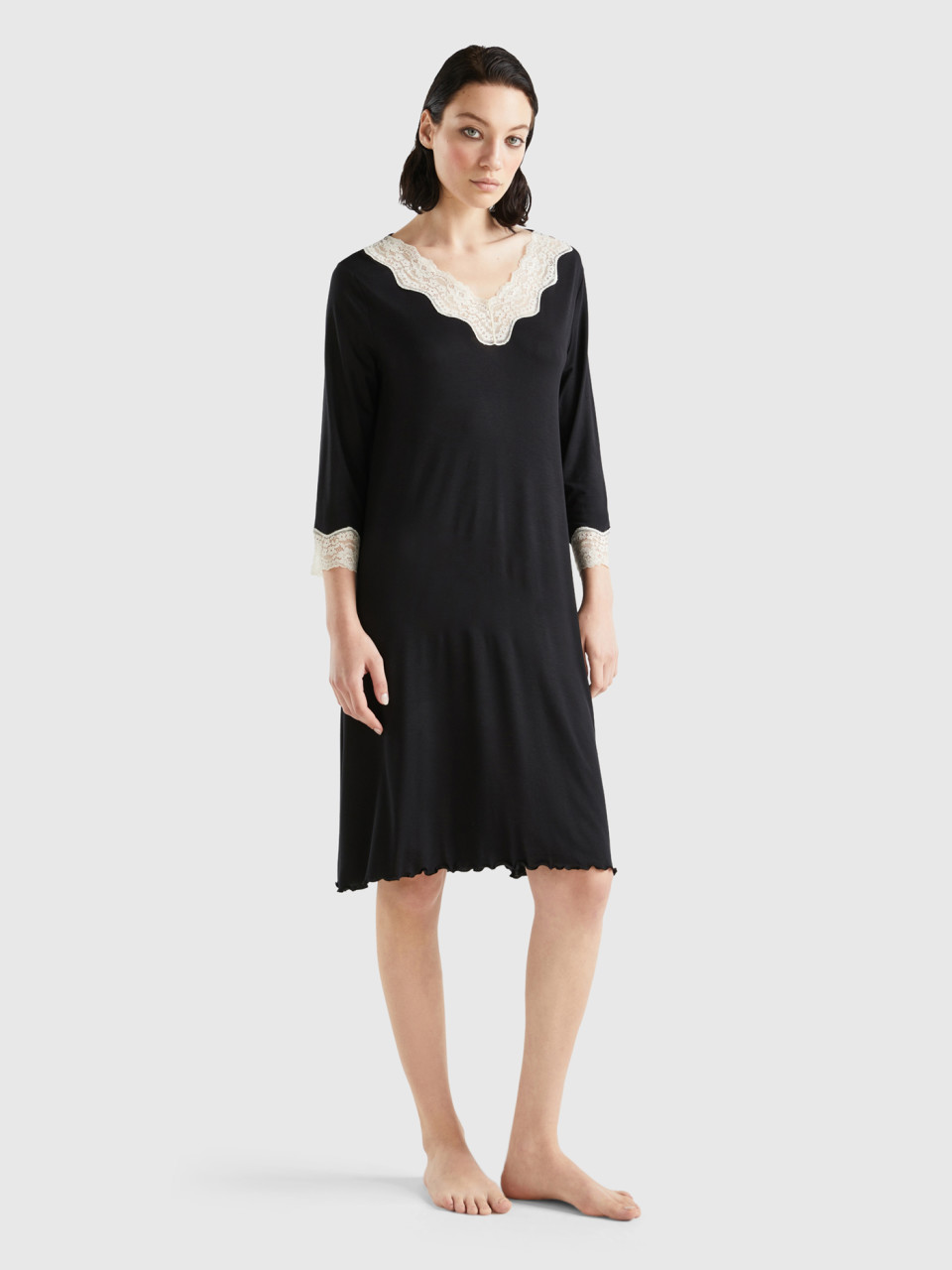 Benetton, Nightshirt With Lace Details, Black, Women