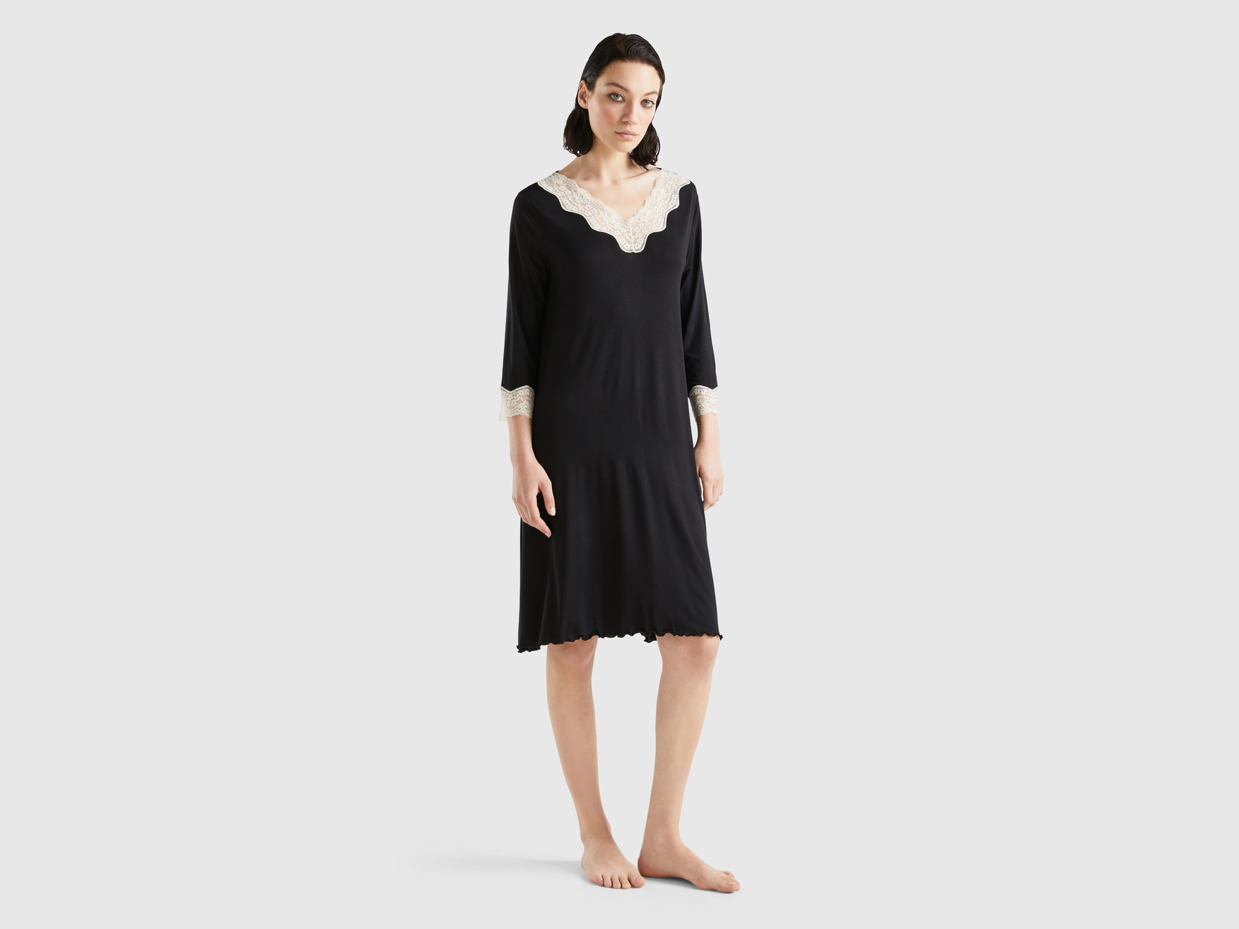 Benetton, Nightshirt With Lace Details, size S, Black, Women