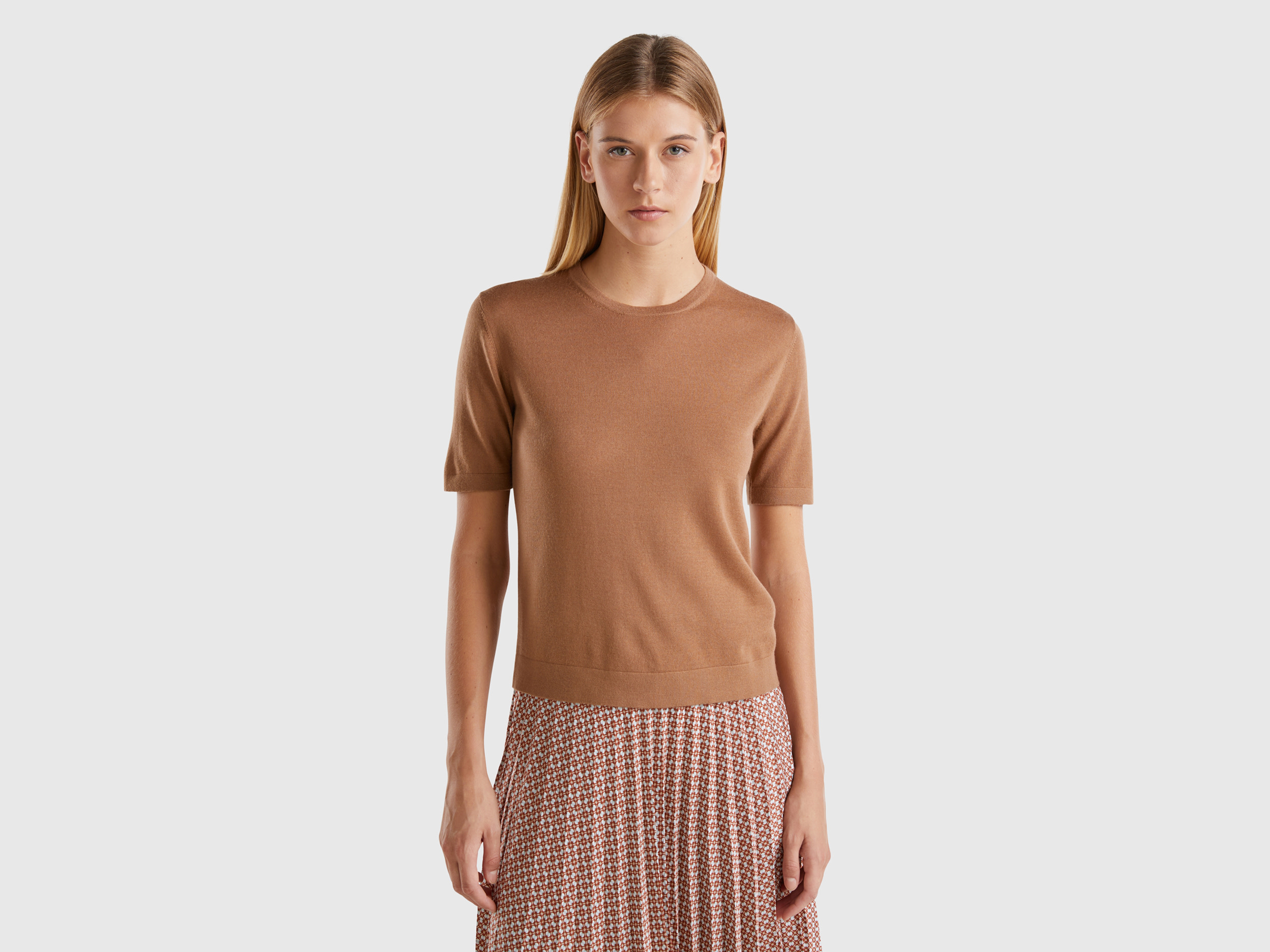 Benetton, Maglia Manica Corta In Pura Lana Merino, Cammello, Donna