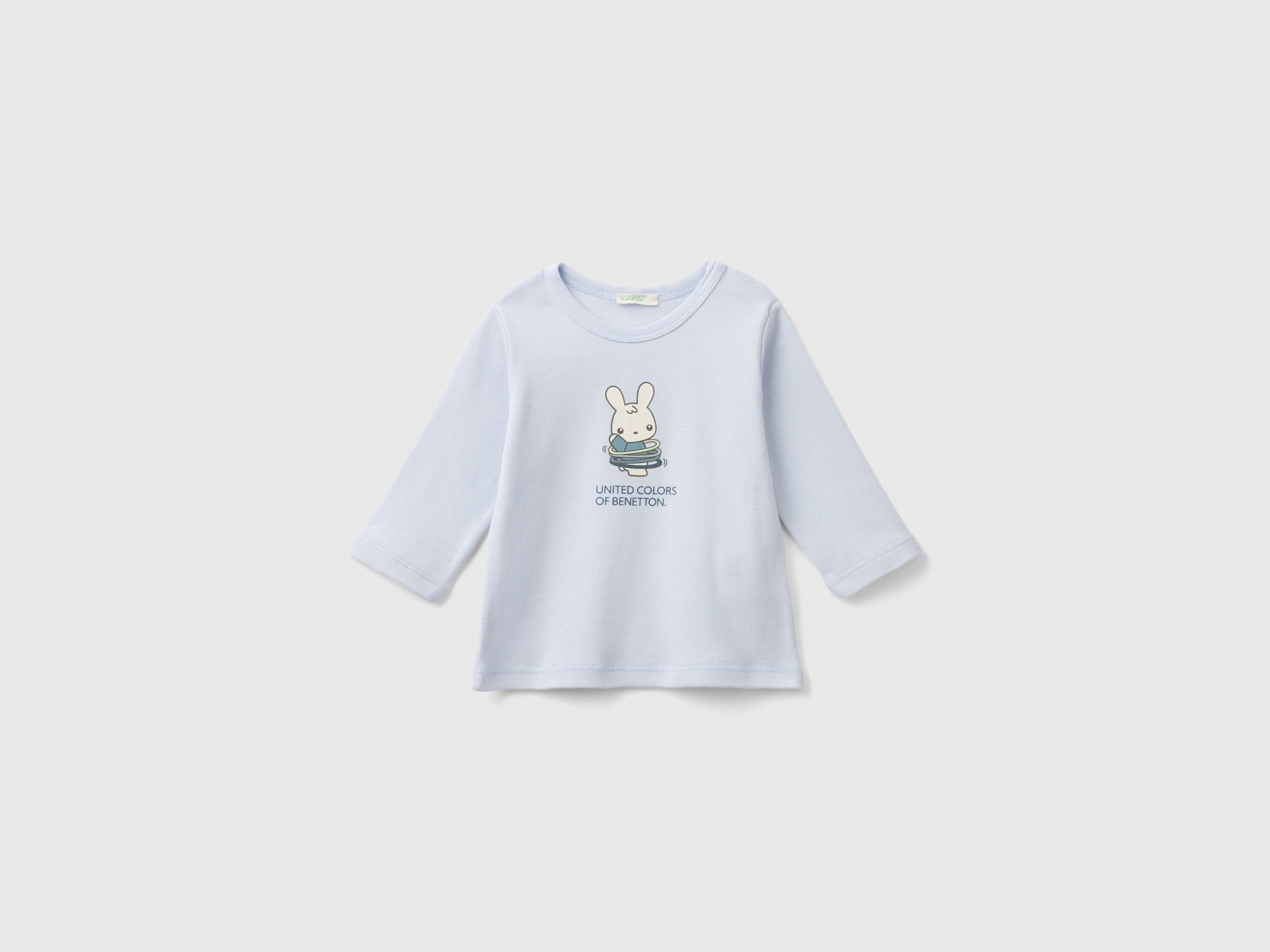 Benetton, T-shirt Manica Lunga 100% Cotone Bio, Celeste, Bambini