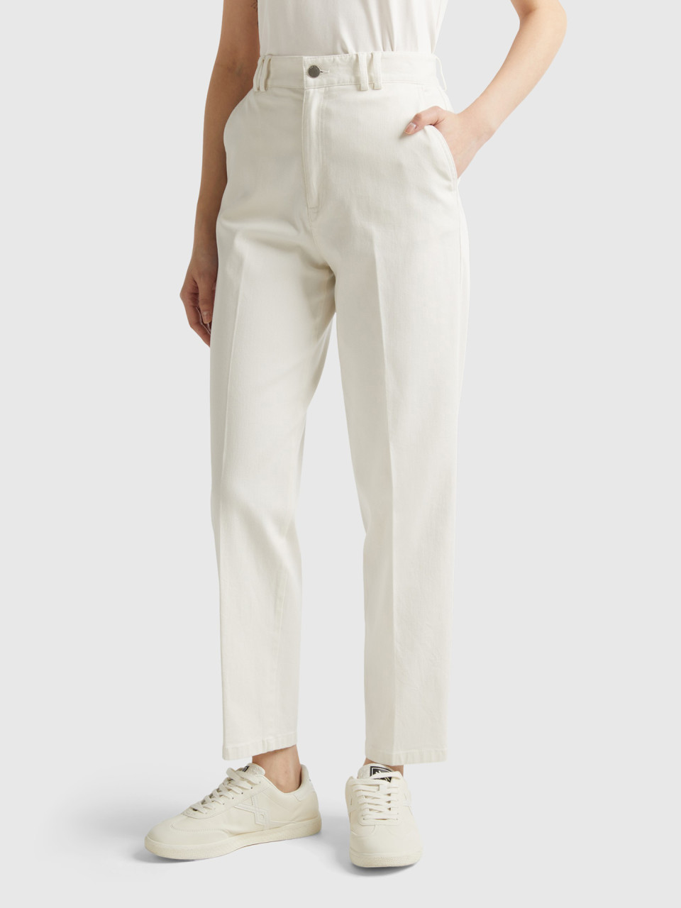 Benetton, Pantalones Chinos De Algodón Y Modal®, Blanco Crema, Mujer