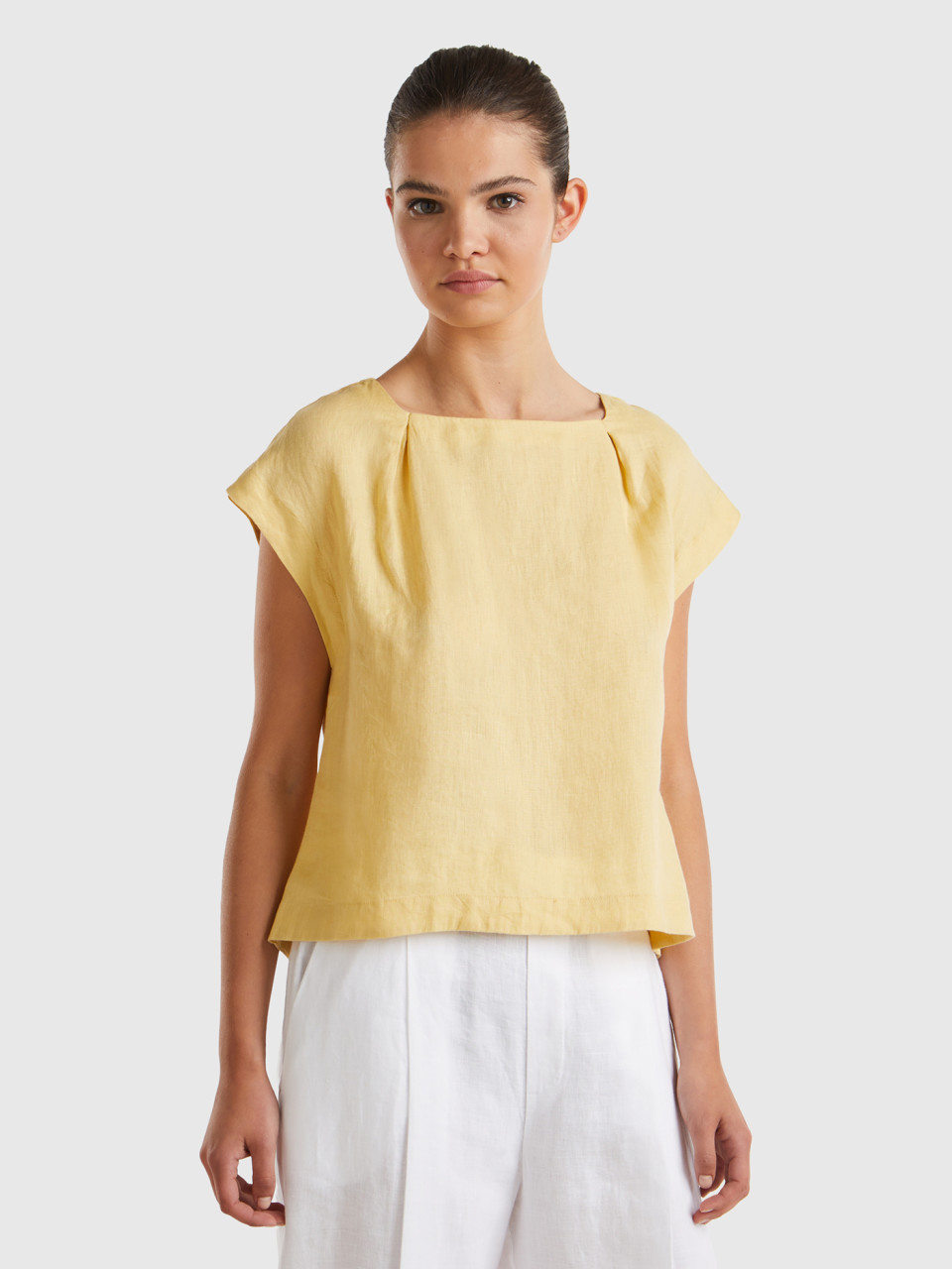 Benetton, Square Neck Blouse In Pure Linen, Yellow, Women