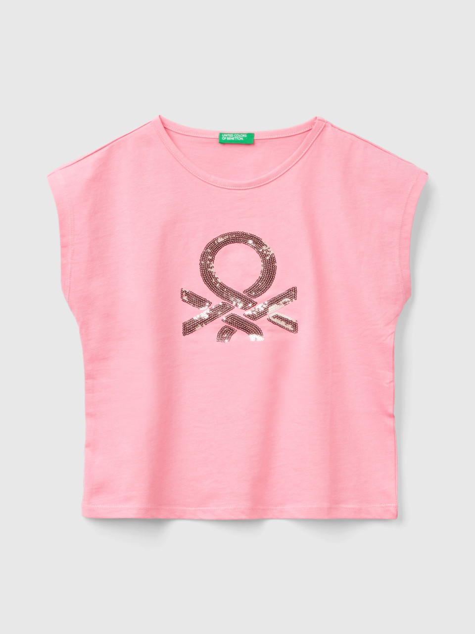 Benetton, T-shirt With Sequins, Pink, Kids
