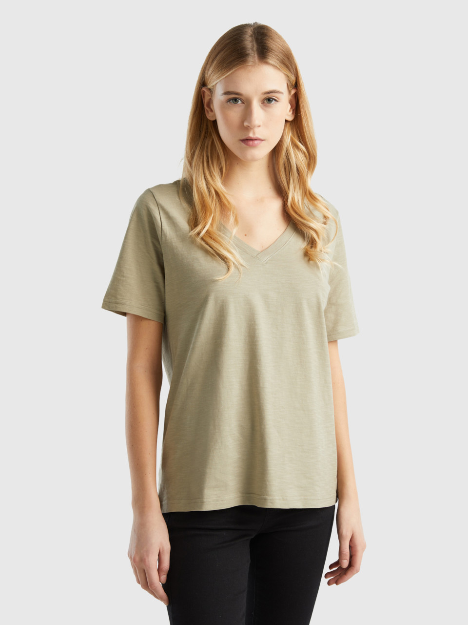 Benetton, V-neck T-shirt In Slub Cotton, Light Green, Women