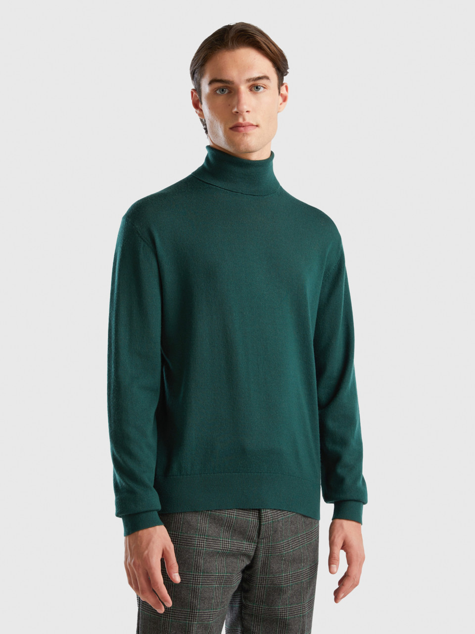 Benetton, Turtleneck In Pure Merino Wool, Green, Men