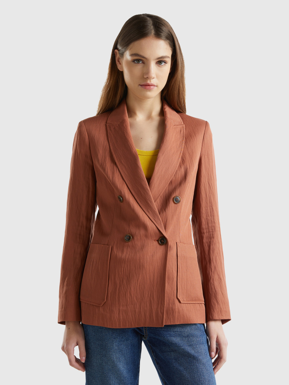 Benetton, Double-breasted Blazer In Sustainable Viscose Blend, Brown, Women