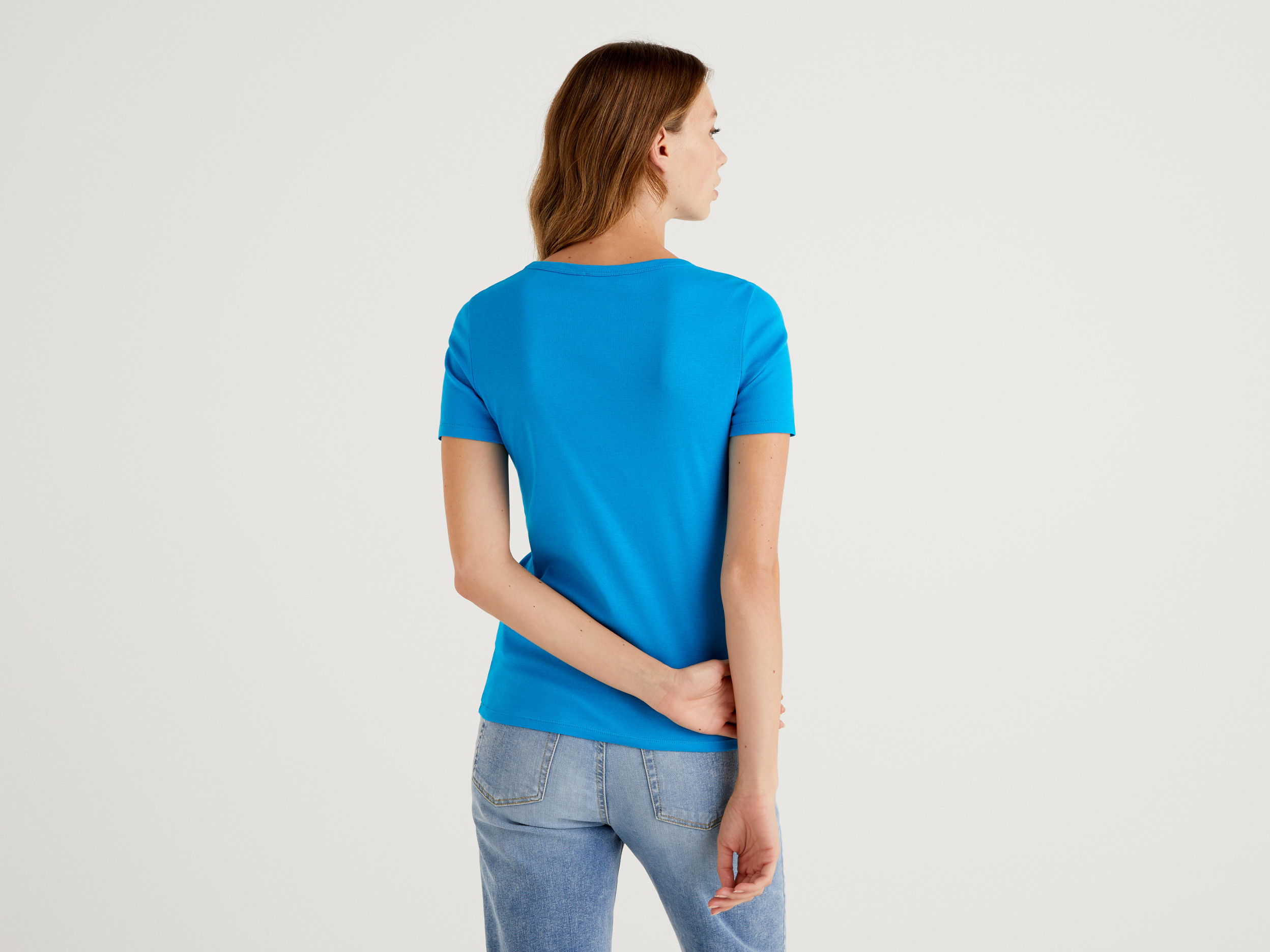 Benetton, T-Shirt In 100% Cotton With Glitter Print Logo, Taglia L, Turquoise, Women
