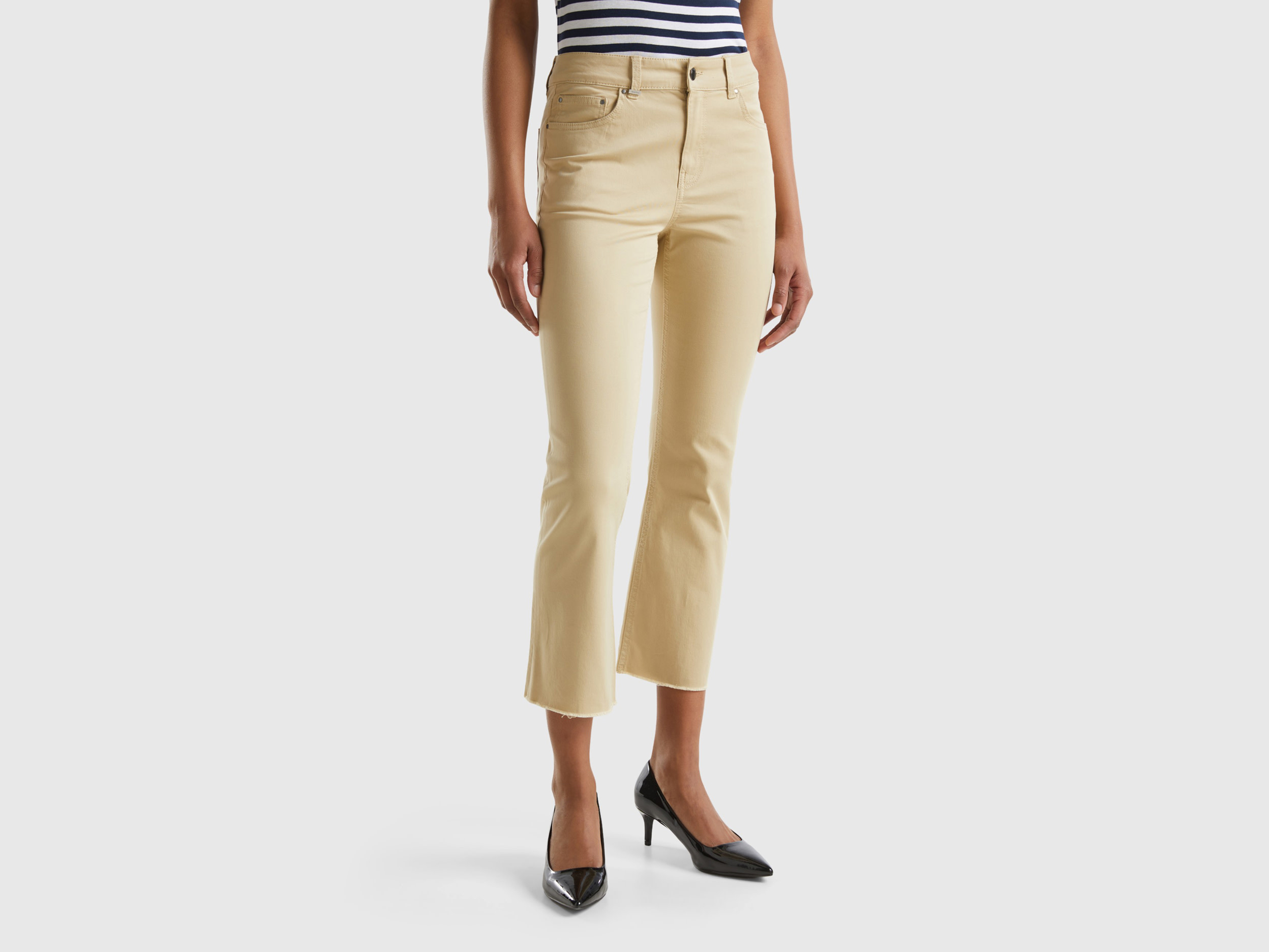 Benetton, Pantaloni Cropped Cinque Tasche, Beige, Donna