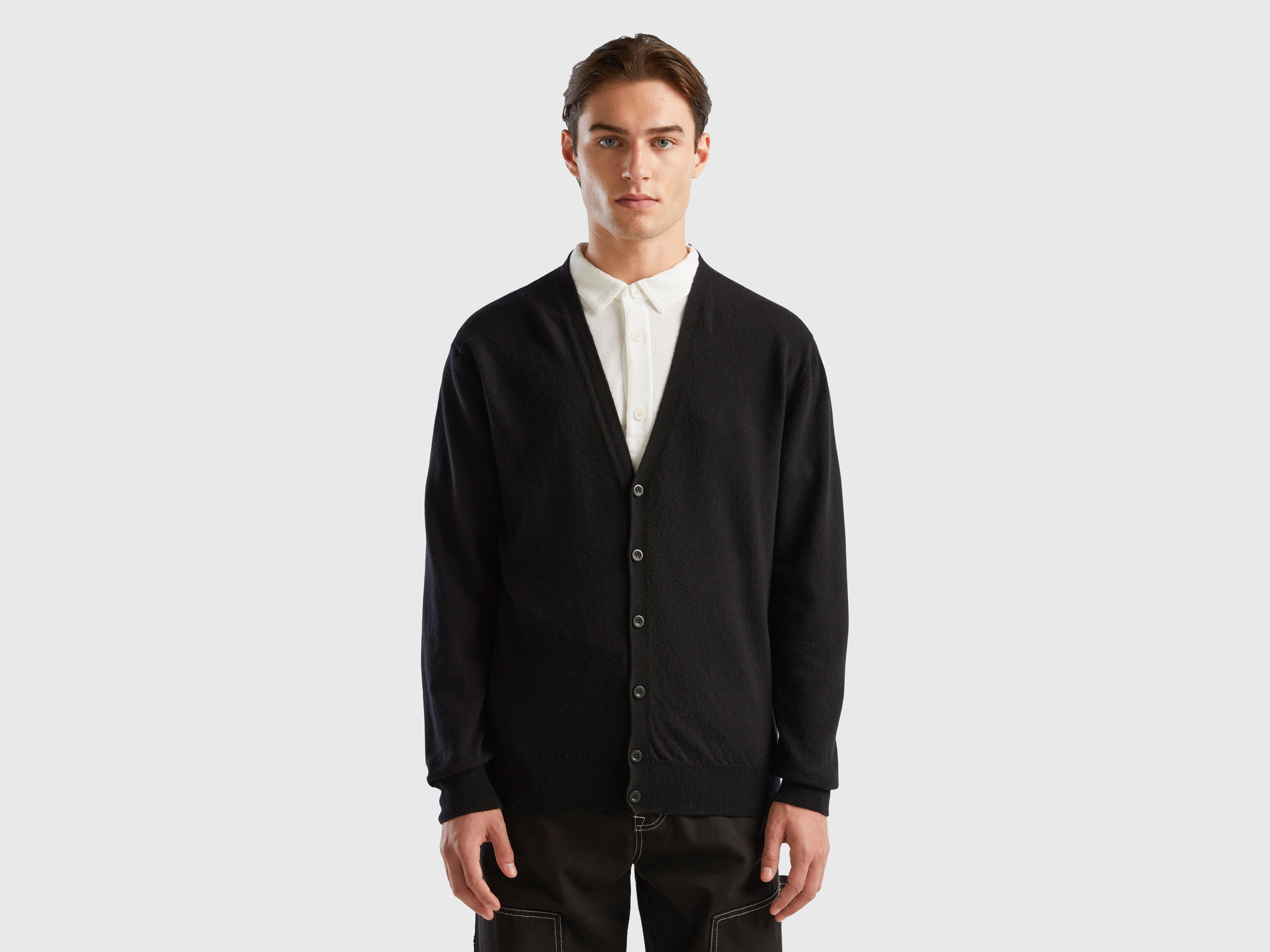 Benetton, Black V-neck Cardigan In Pure Merino Wool, size M, Black, Men