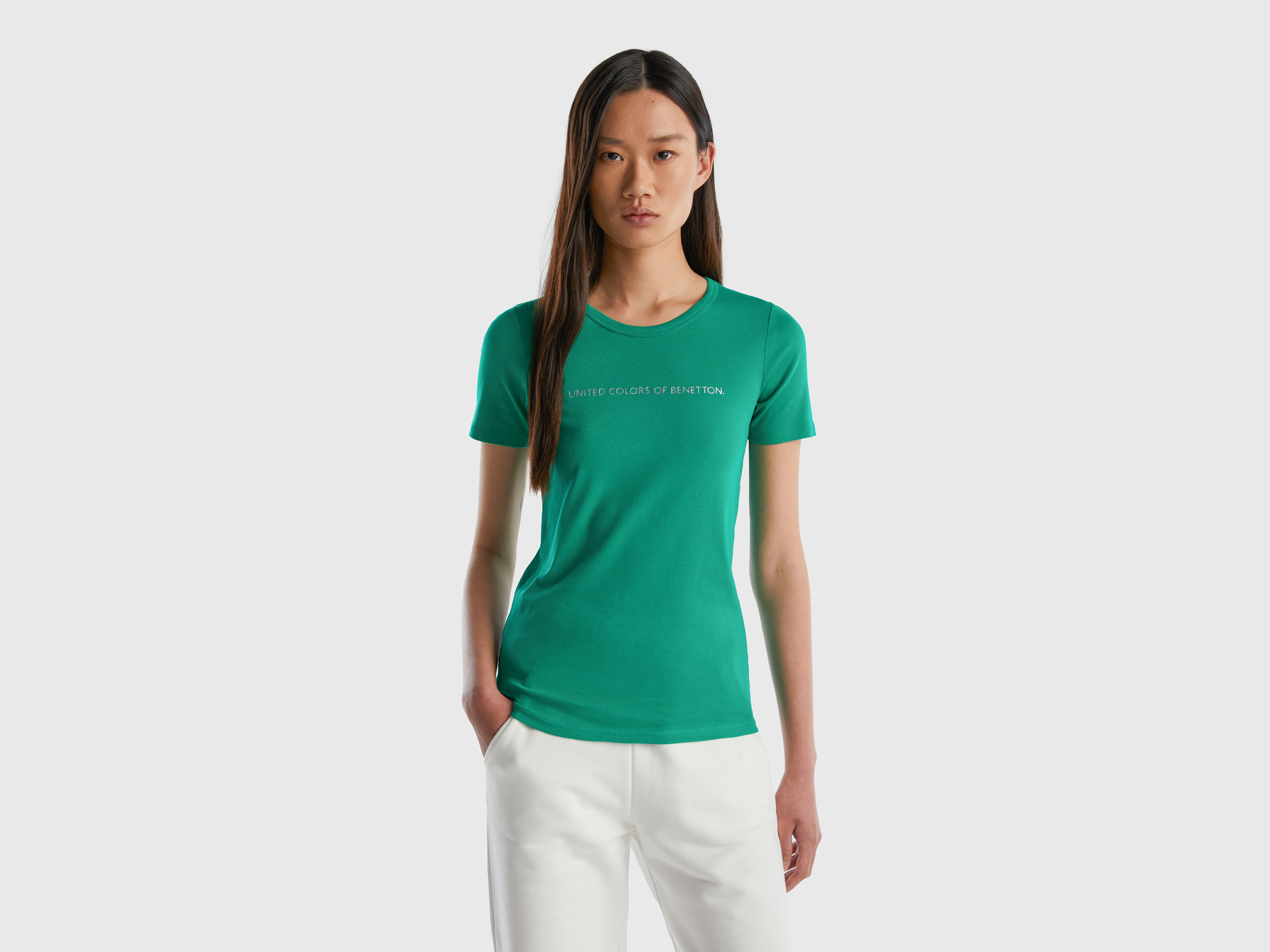 Benetton, T shirt 100% Cotone Con Stampa Logo Glitter, Verde, Donna