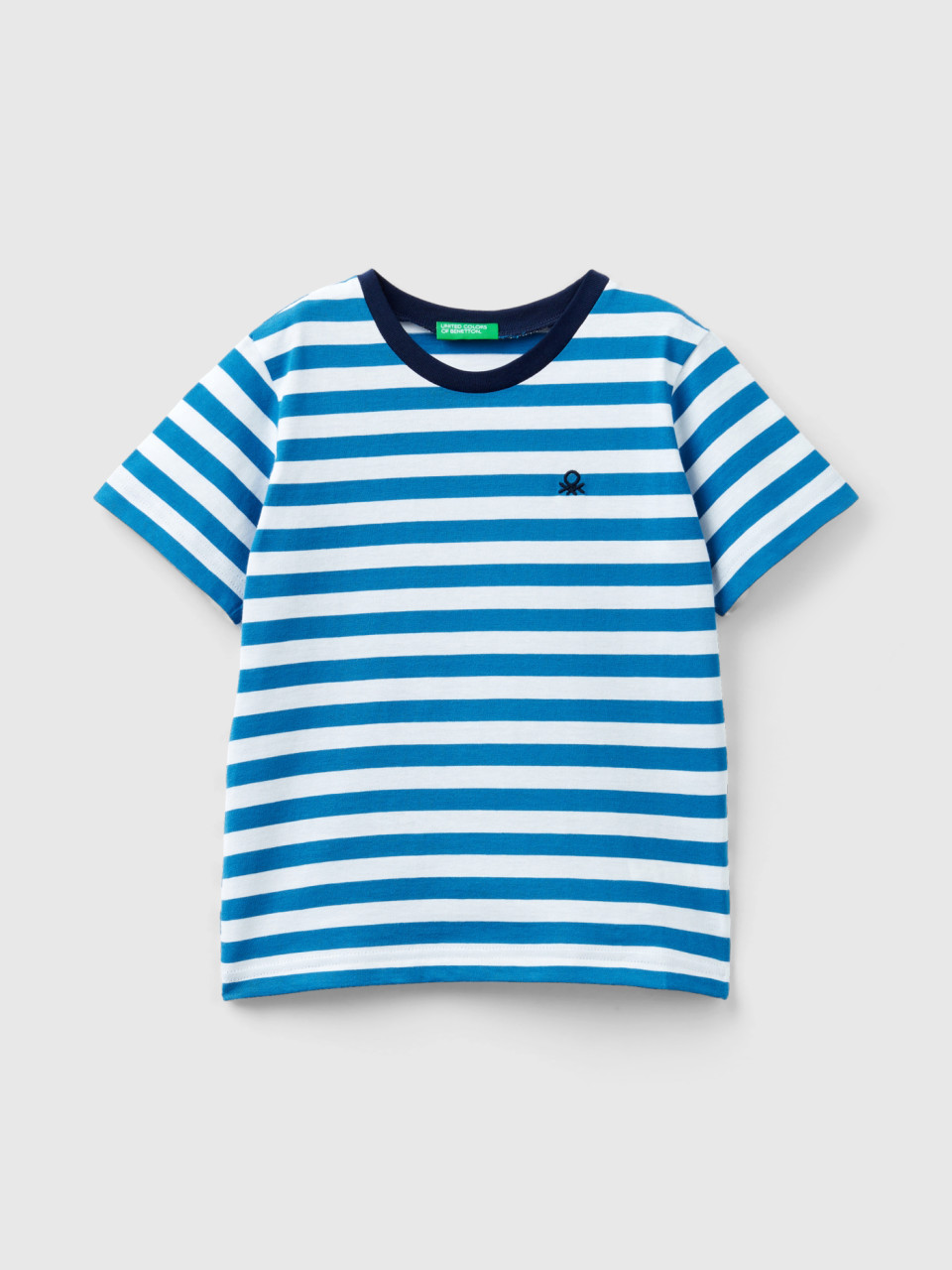 Benetton, Striped 100% Cotton T-shirt, Blue, Kids