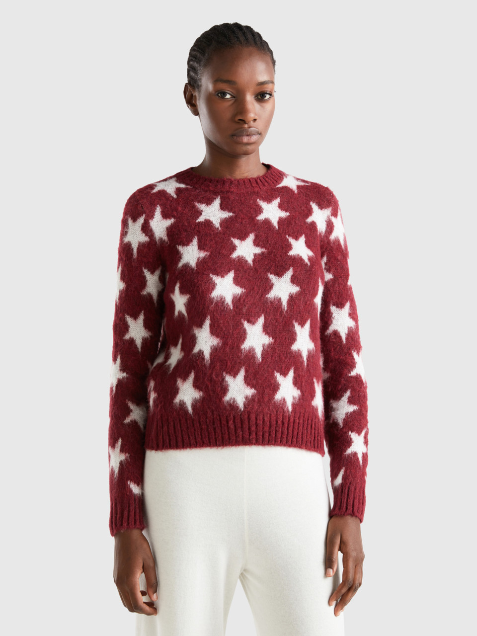 Benetton, Warm Sweater With Stars, Burgundy, Women