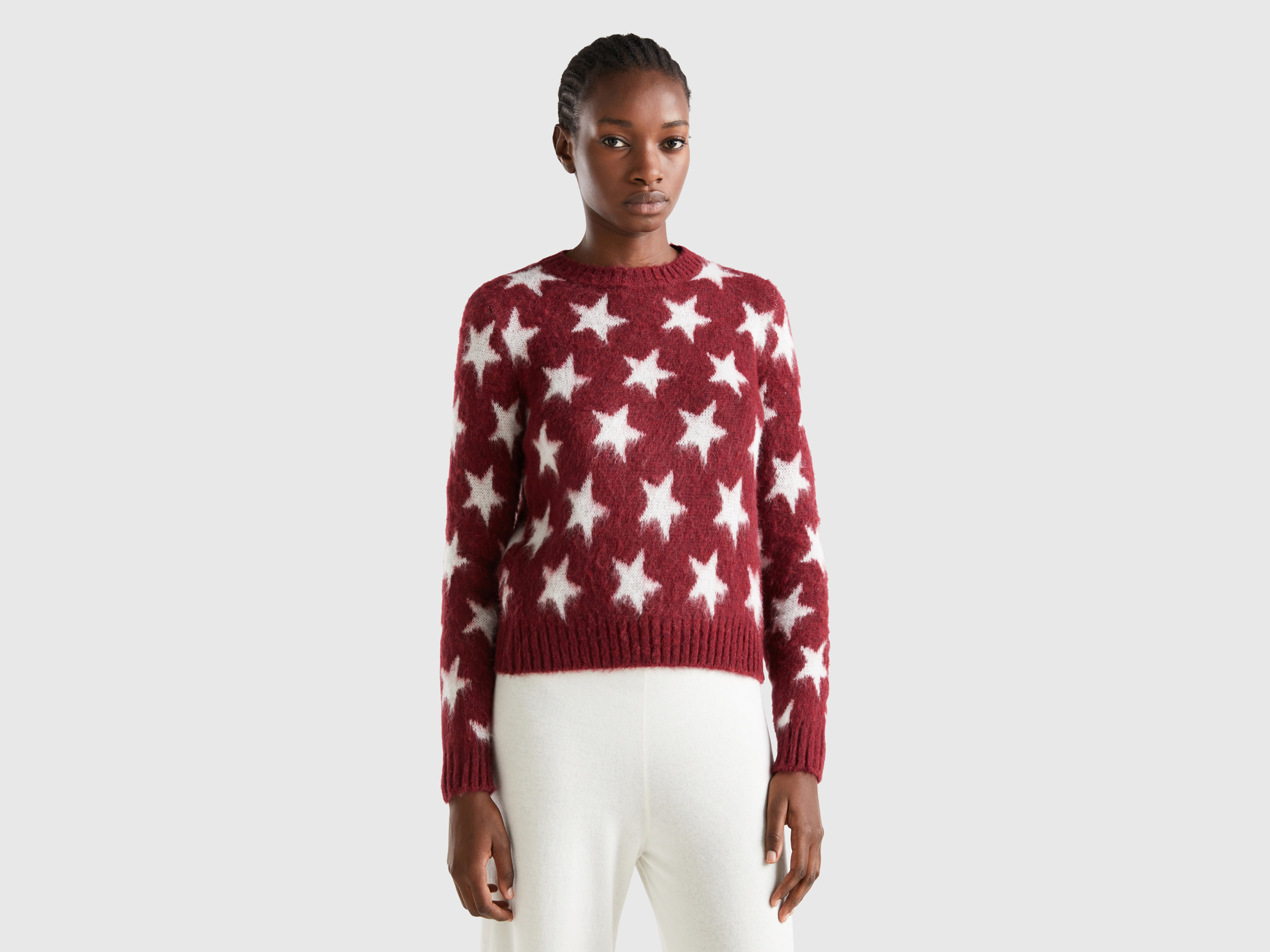 Benetton, Warm Sweater With Stars, size L, Burgundy, Women