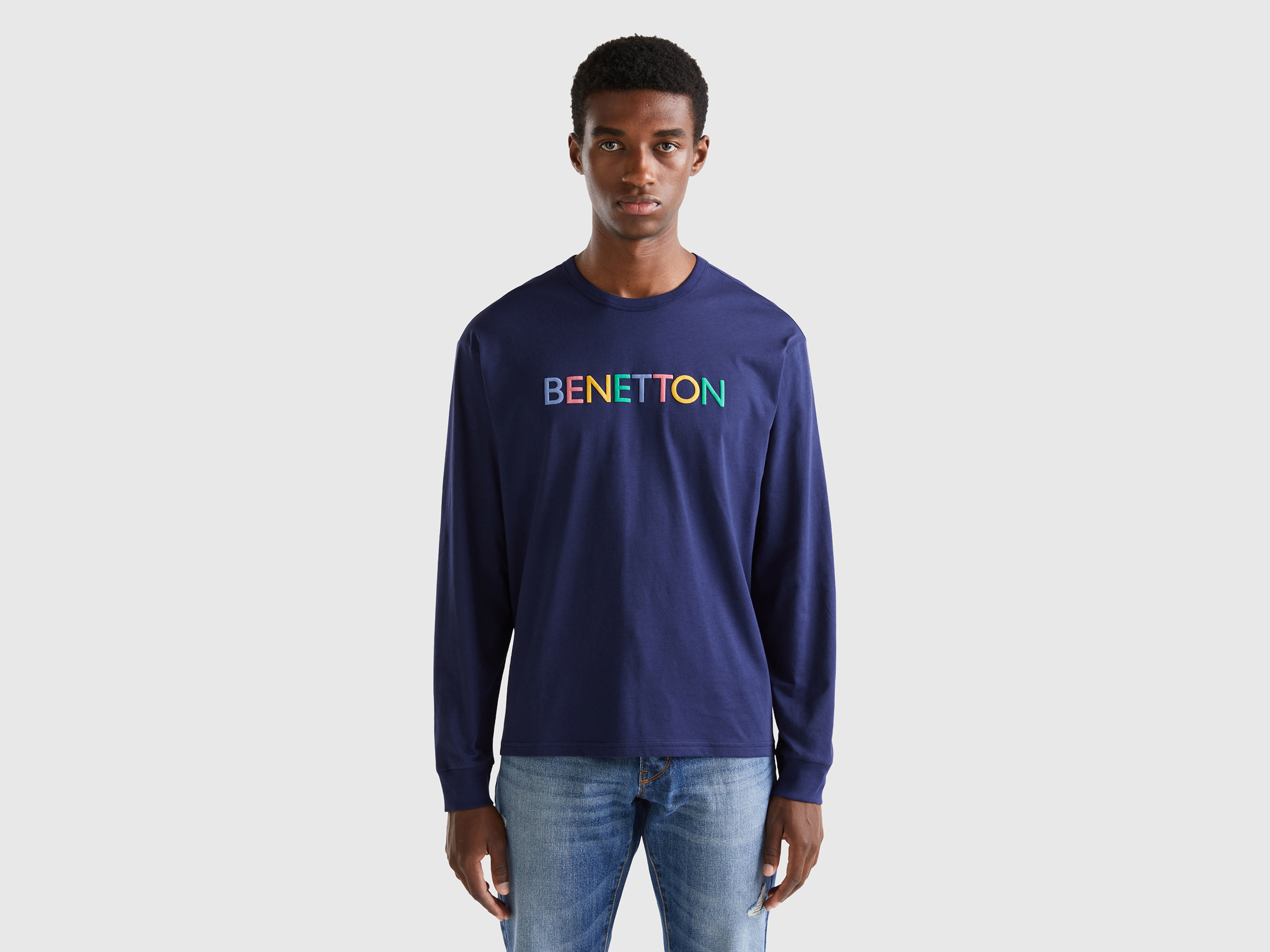 Benetton, Long Sleeve T-shirt In Organic Cotton, size M, Dark Blue, Men
