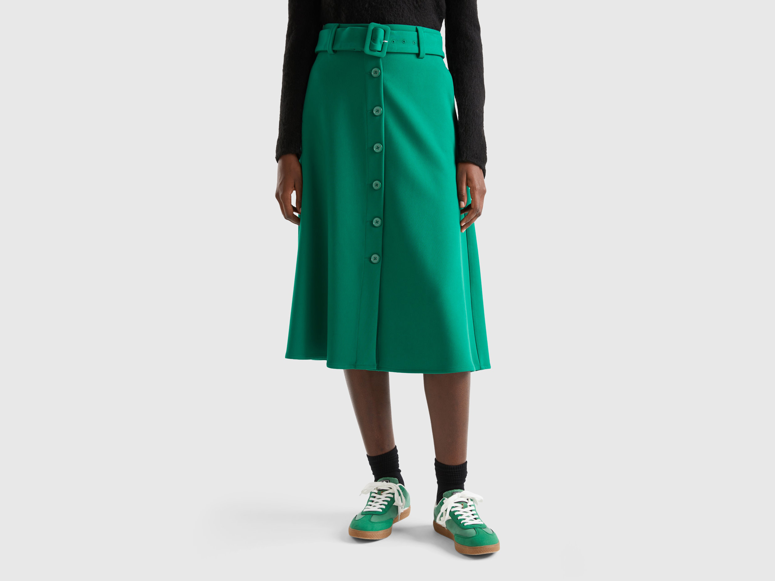 Benetton, Midi Skirt With Belt And Buttons, size 14, Green, Women