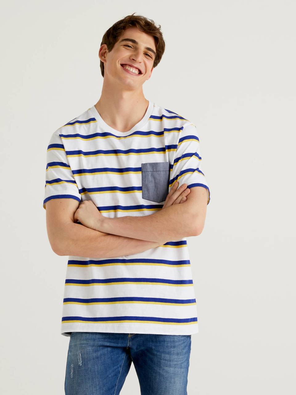 Benetton Striped t-shirt with clashing pocket. 1
