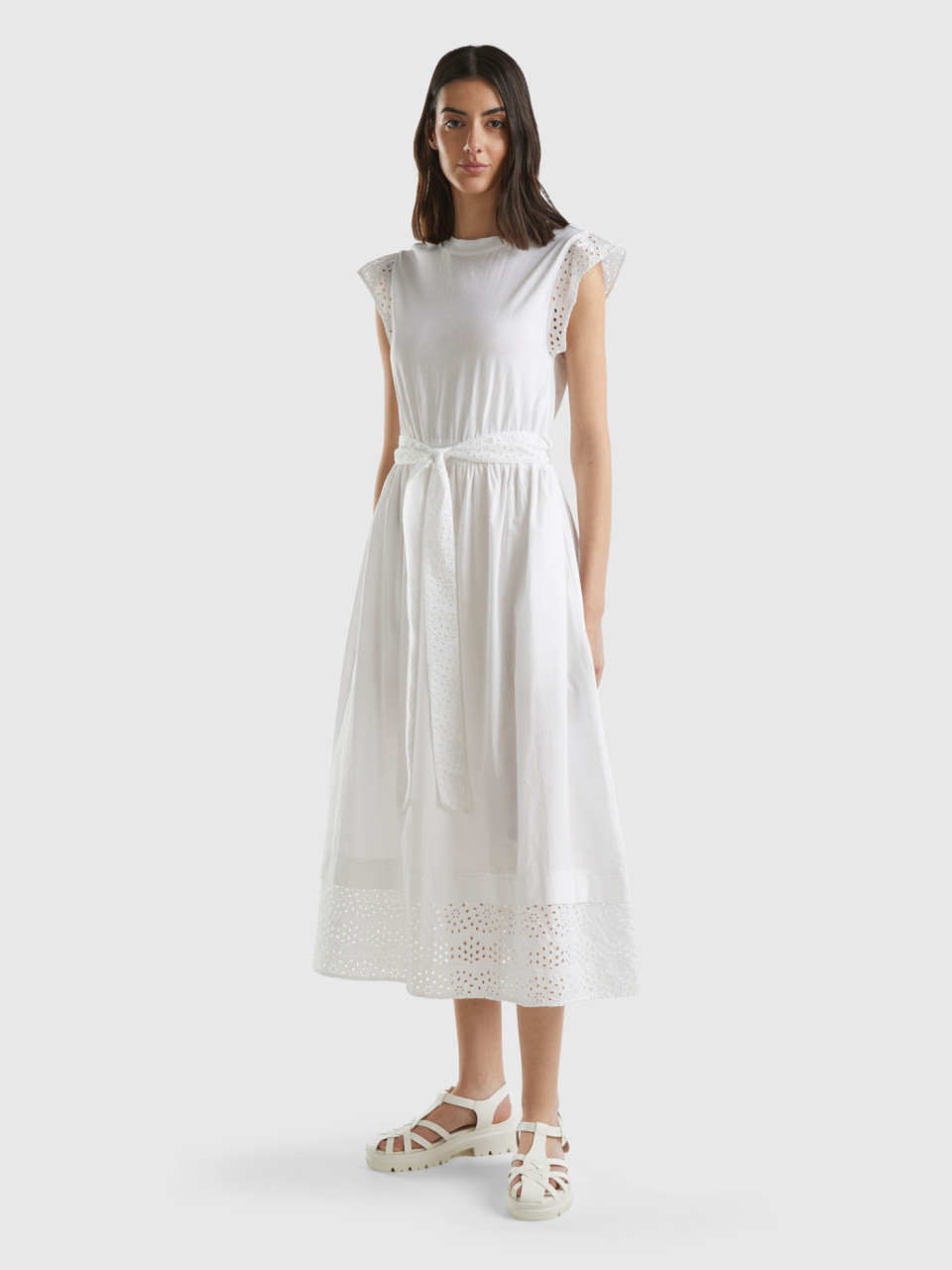 Benetton, Dress With Broderie Anglaise, White, Women