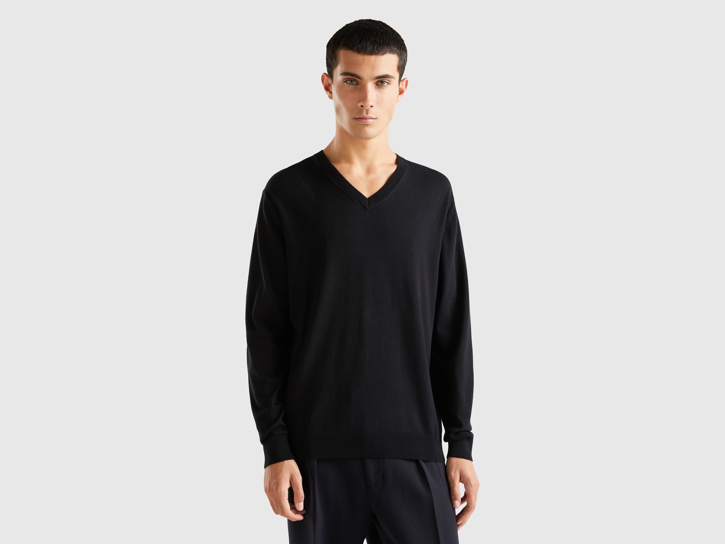 Benetton, V-neck Sweater In Lightweight Cotton Blend, size S, Black, Men
