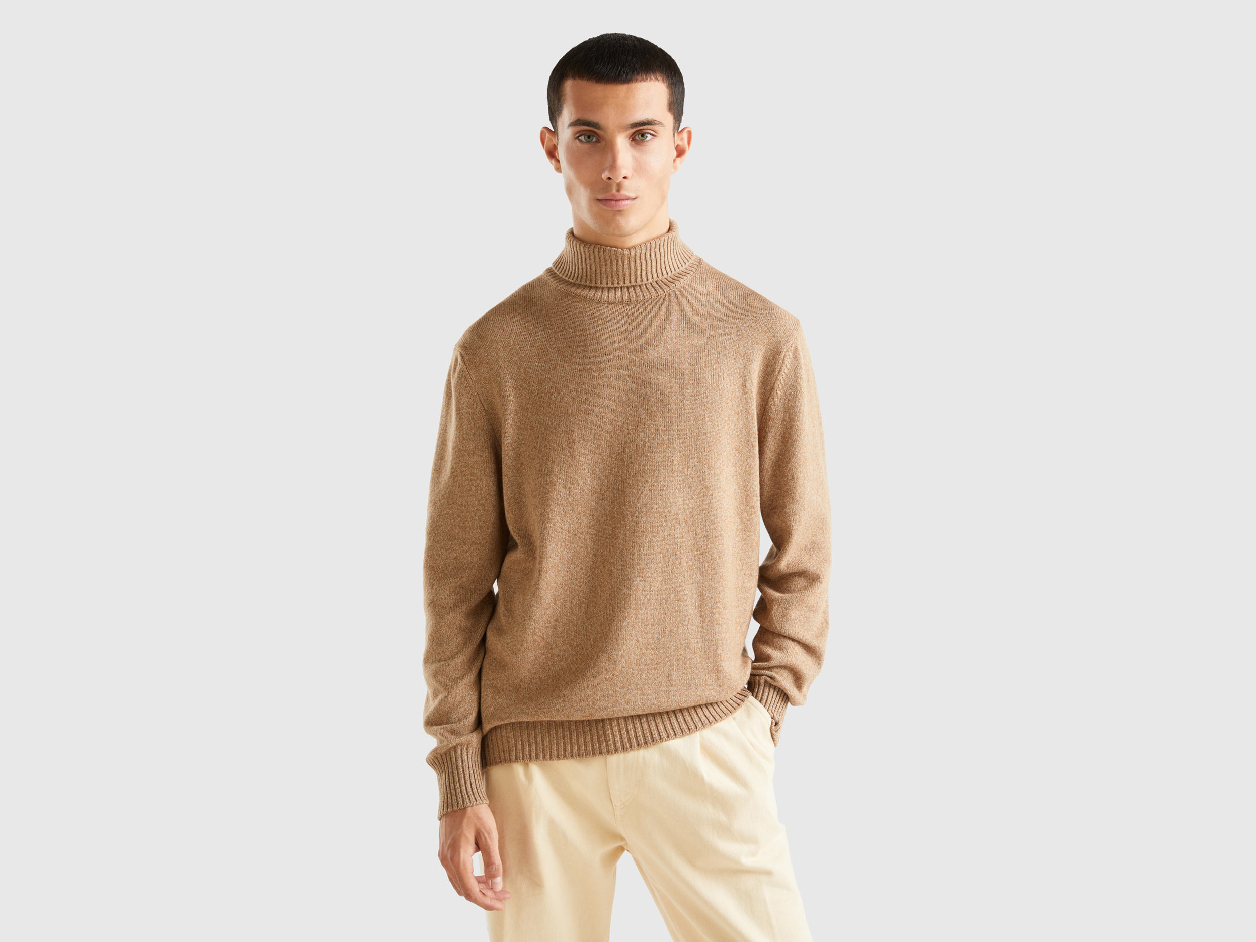 Benetton, Turtleneck Sweater In Cashmere And Wool Blend, size XL, Beige, Men
